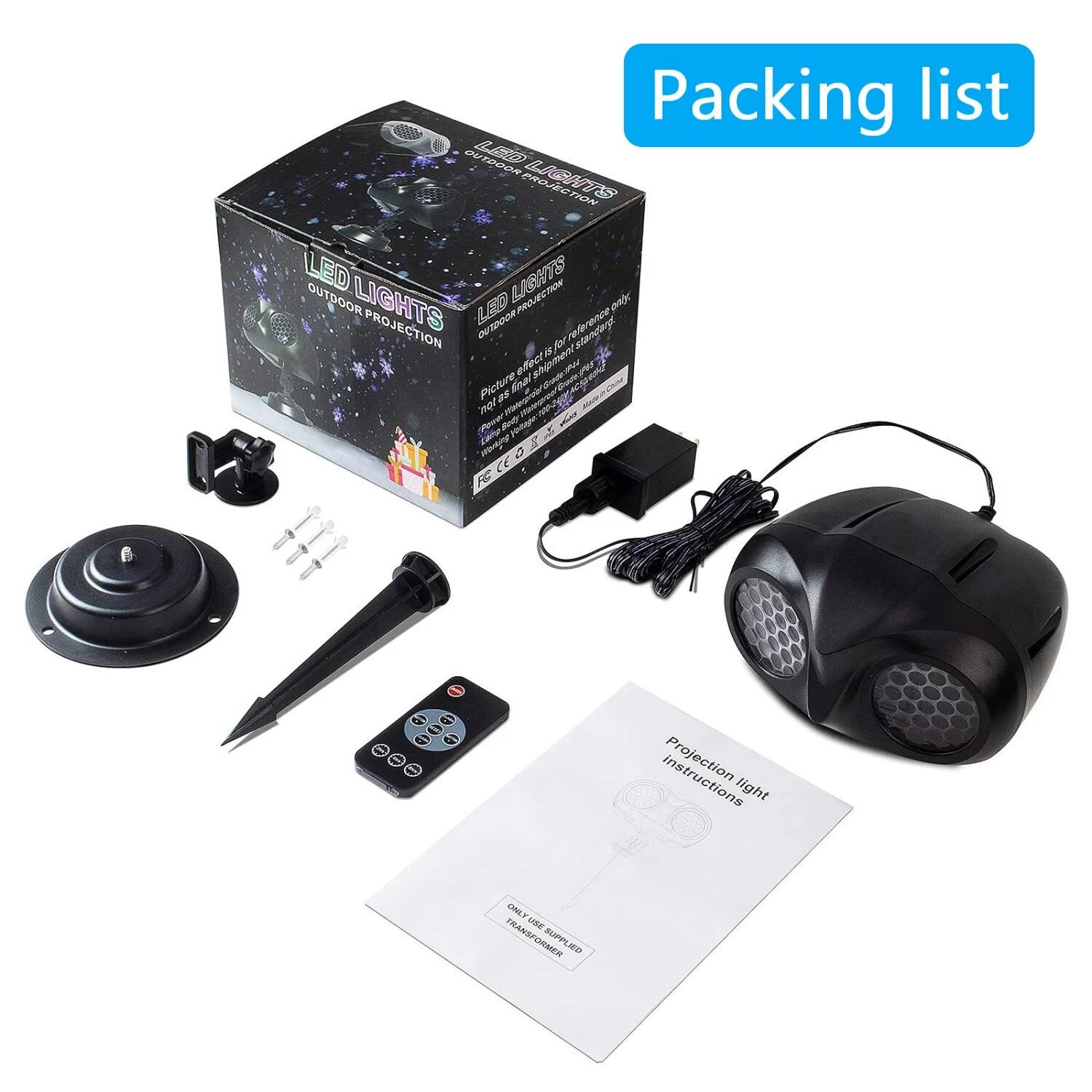 Packing list

LED Lights Outdoor Projection

- LED Lights Outdoor Projection
- Transformer
- Power Adapter
- Mounting Bracket
- Screws
- User Manual
- Remote Control
- Instruction Sheet