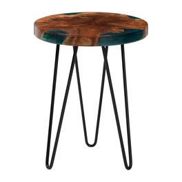 bali & pari - Anan Teak Wood Epoxy Resin End Table - Round Live Edge Side Table with Black Metal Legs, Handcrafted, Round - Natural Brown/Green