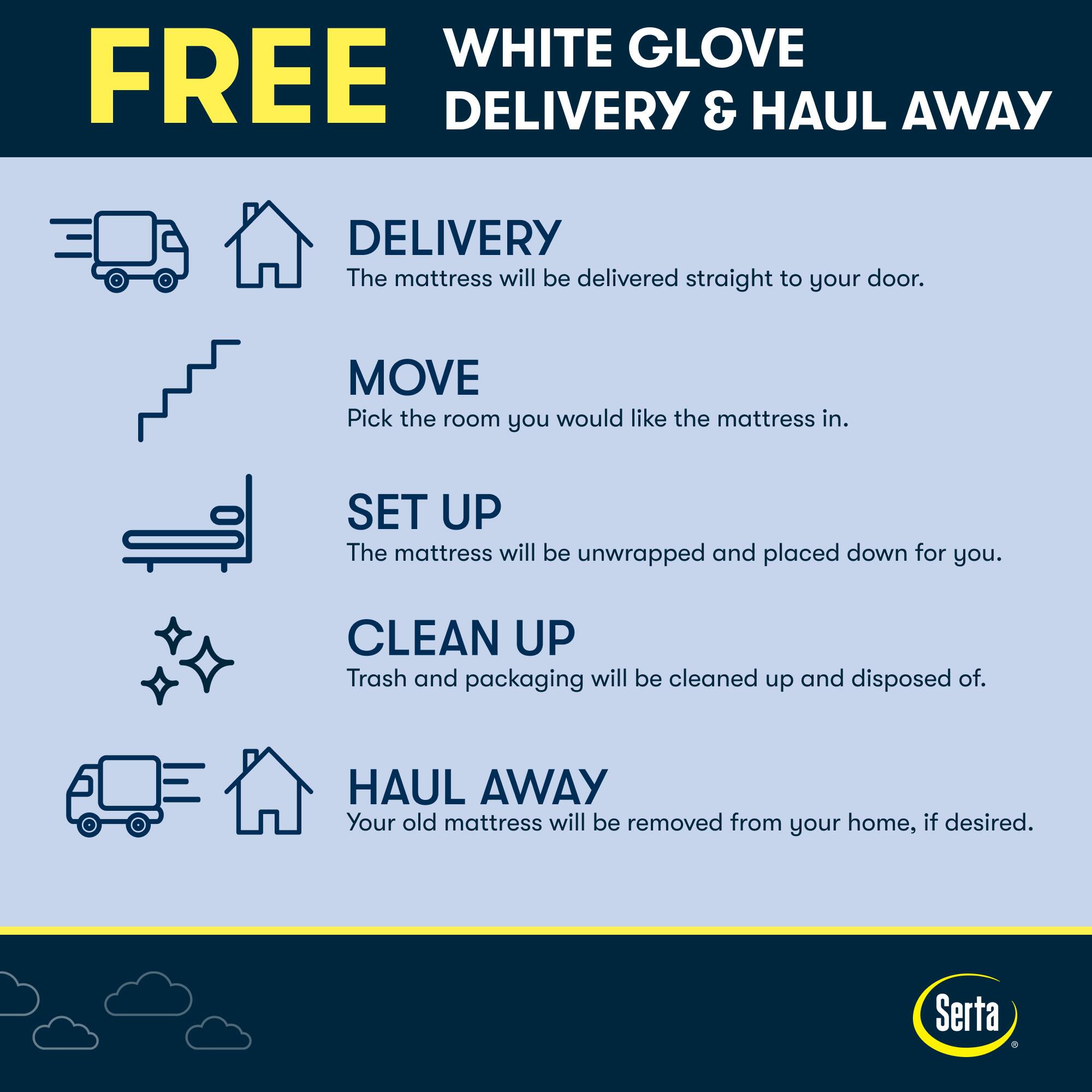 White Glove Free Delivery & Haul Away:
1. Delivery: The mattress will be delivered straight to your door.
2. Move: Pick the room you would like the mattress in.
3. Set Up: The mattress will be unwrapped and placed down for you.
4. Clean Up: Trash and packaging will be cleaned up and disposed of.
5. Haul Away: Your old mattress will be removed from your home, if desired.
Serta.