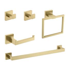 JUJABU - 5-Piece Bathroom Set Towel Bar + Ring + Hooks + TP Holder - Brushed Gold