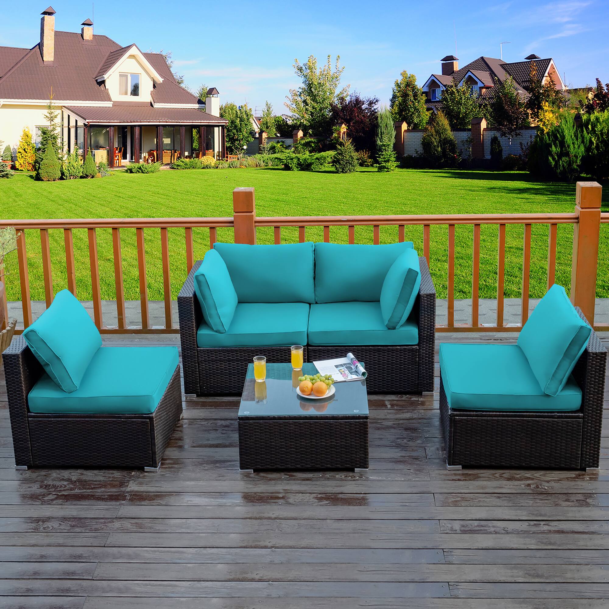 Alt View 9. Costway - 5PCS Patio Rattan Furniture Set Cushioned Sofa Chair Tea Table - Turquoise.