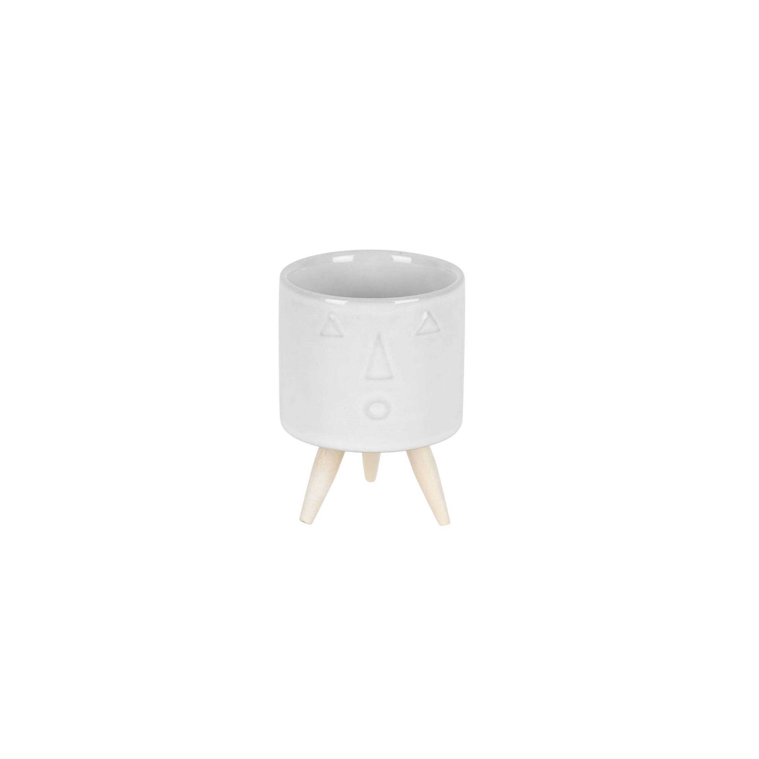 Back. BreeBe - Porcelain Face Planter with Wooden Legs (Set of 3) - White, Brown.