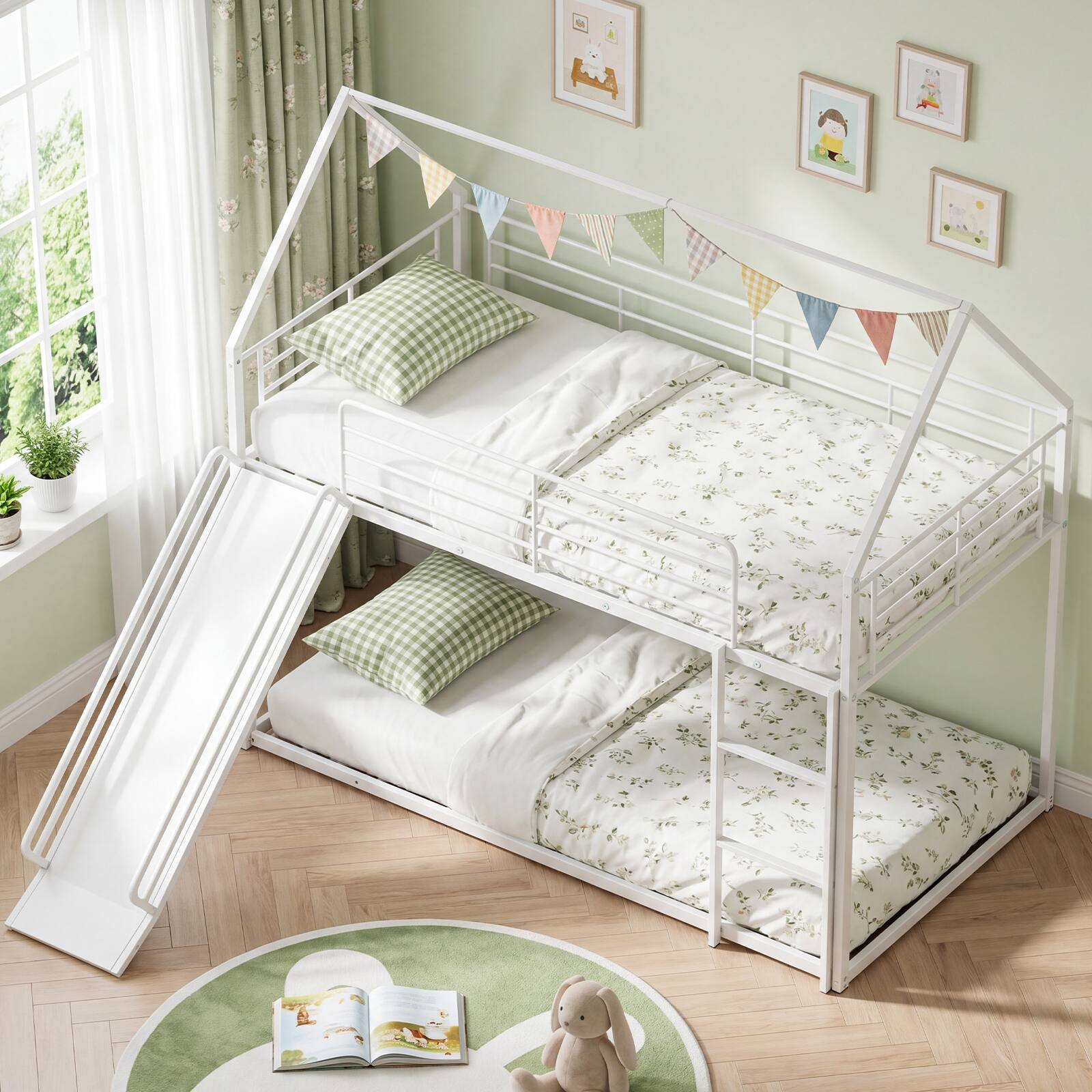 Alt View 1. Costway - Costway Twin Over Twin Low Bunk Bed House-shaped Metal Bunk Bed Frame with Safety Guardrail - White.