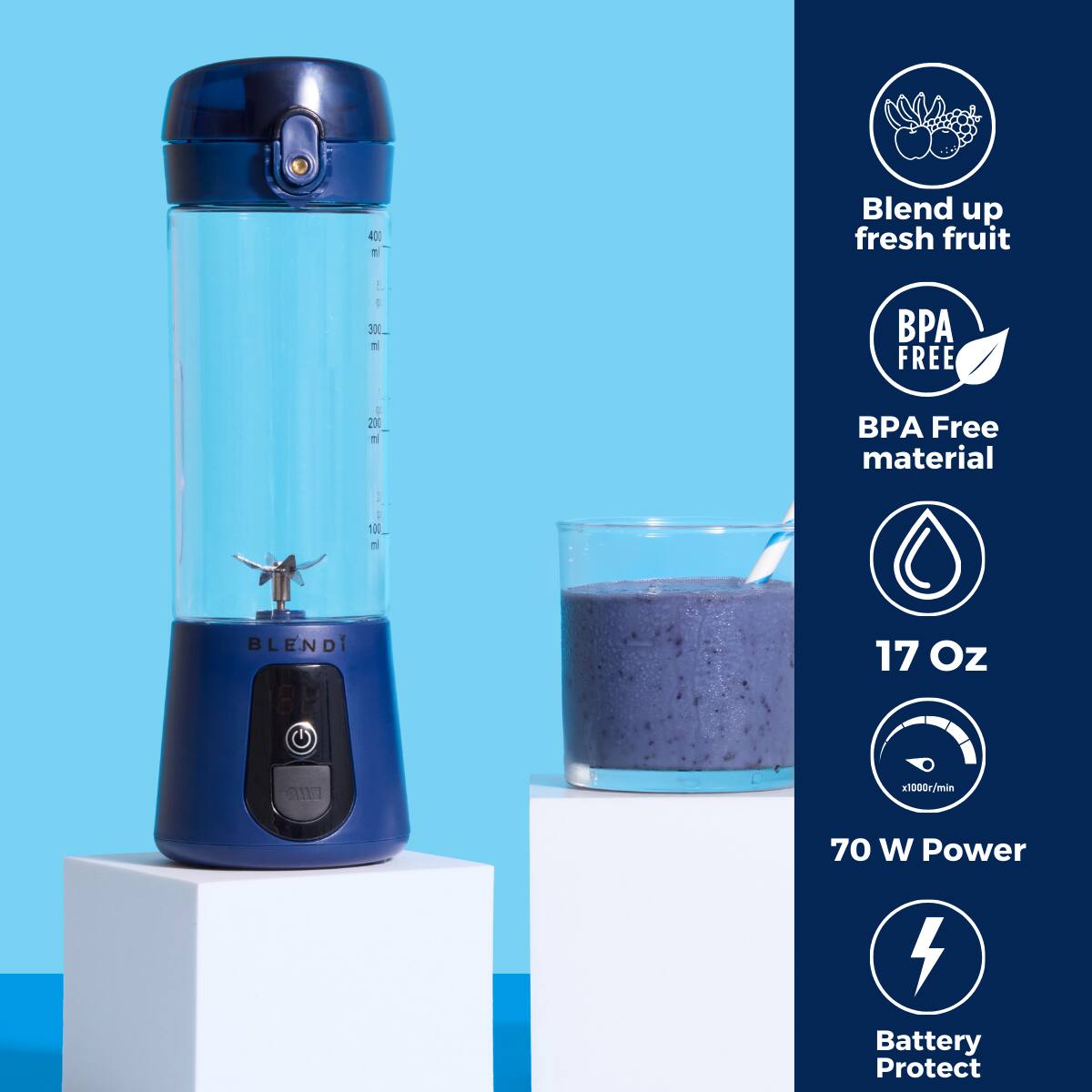 4D Blend up fresh fruit  
BPA Free material  
17 Oz  
1000r/min  
70 W Power  
Battery Protect