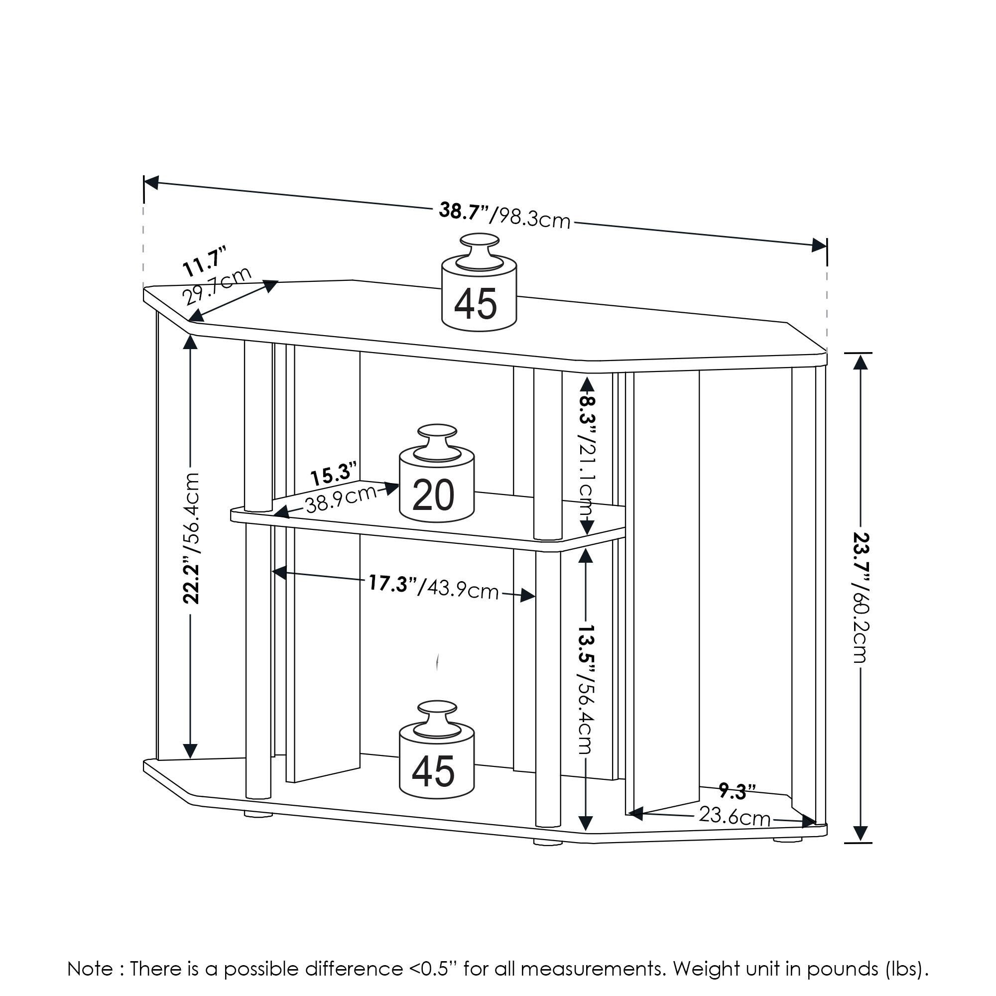 11.7" / 29.7cm  
38.7" / 98.3cm  
45  
22.2" / 56.4cm  
15.3" / 38.9cm  
20  
17.3" / 43.9cm  
45  
8.3" / 21.1cm  
13.5" / 56.4cm  
9.3" / 23.6cm  
23.7" / 60.2cm  

Note: There is a possible difference <0.5" for all measurements. Weight unit in pounds (lbs).