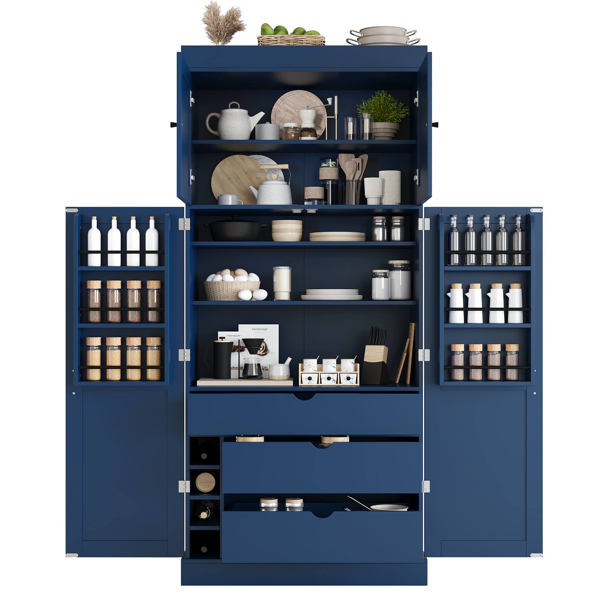 Alt View 2. Forest'nSky - 77" Tall Kitchen Pantry Cabinet, Shaker Style with Adjustable Shelves, Drawers & Wine Racks,Blue - Blue.