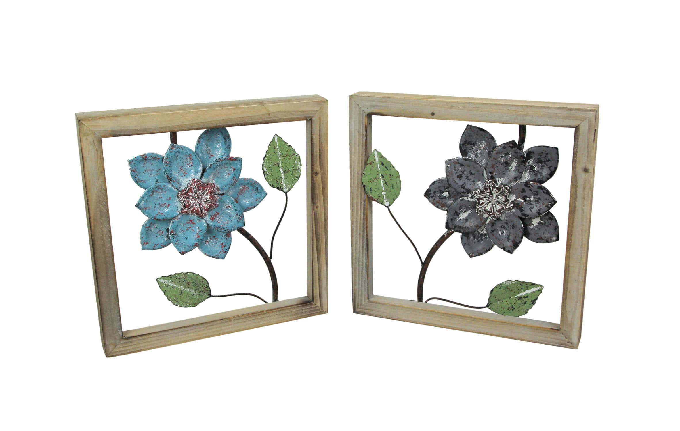 Things2Die4 - 2 Piece Sculpted Metal Flowers Wall Hanging Set With Wooden Frames - Multicolored