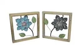 Things2Die4 - 2 Piece Sculpted Metal Flowers Wall Hanging Set With Wooden Frames - Multicolored
