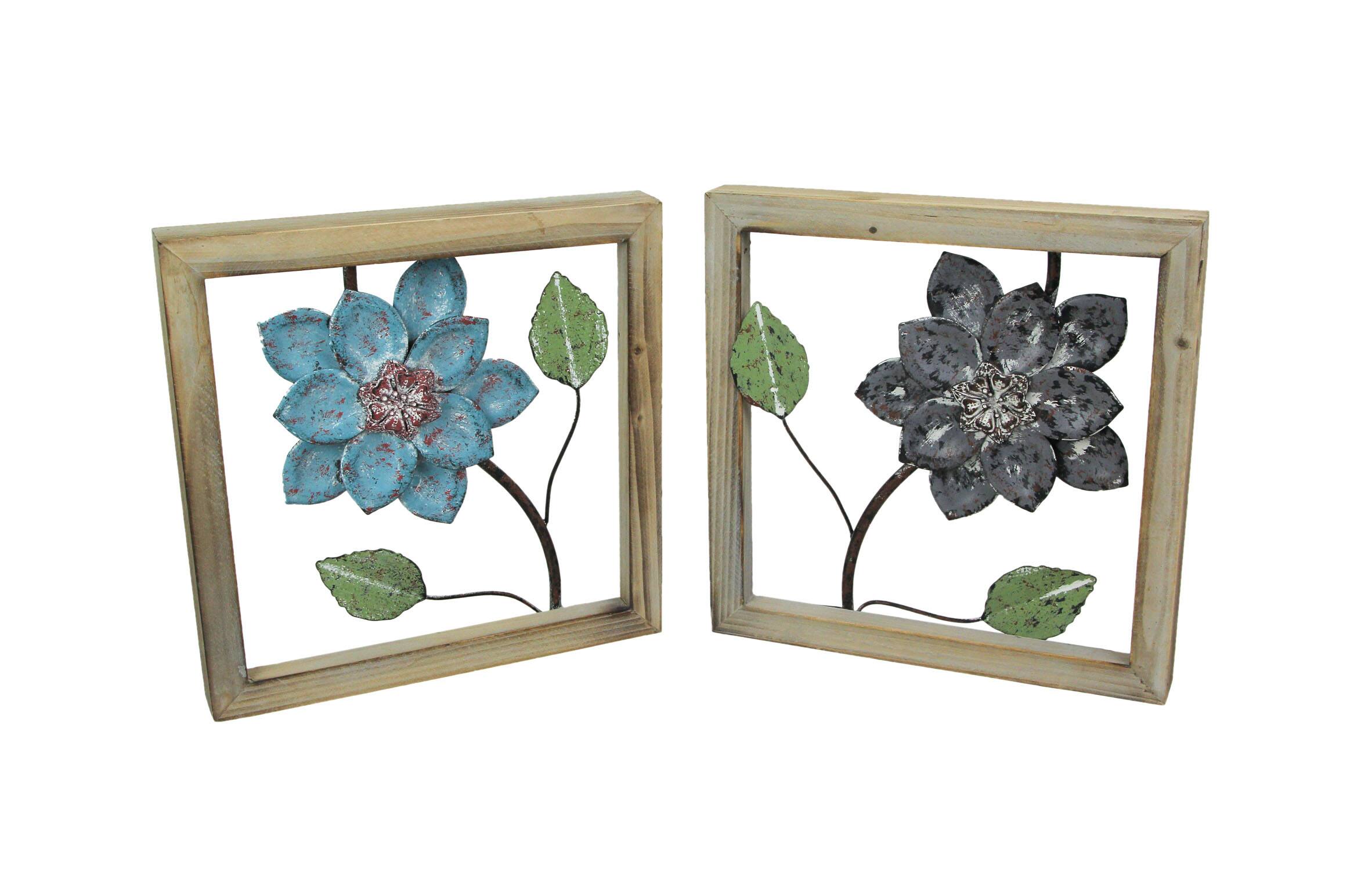 Front. Things2Die4 - 2 Piece Sculpted Metal Flowers Wall Hanging Set With Wooden Frames - Multicolored.