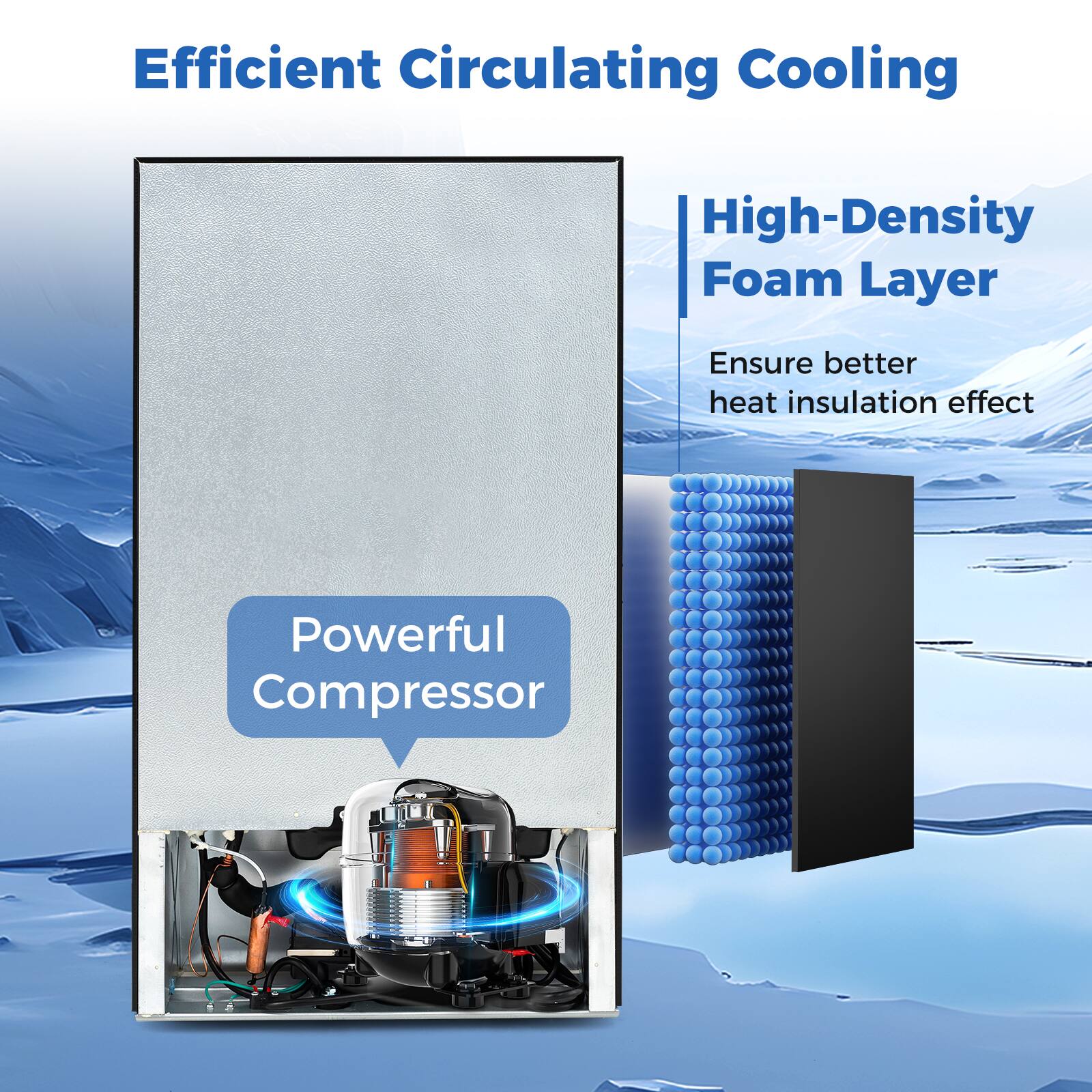 Efficient Circulating Cooling  
High-Density Foam Layer  
Ensure better heat insulation effect  
Powerful Compressor