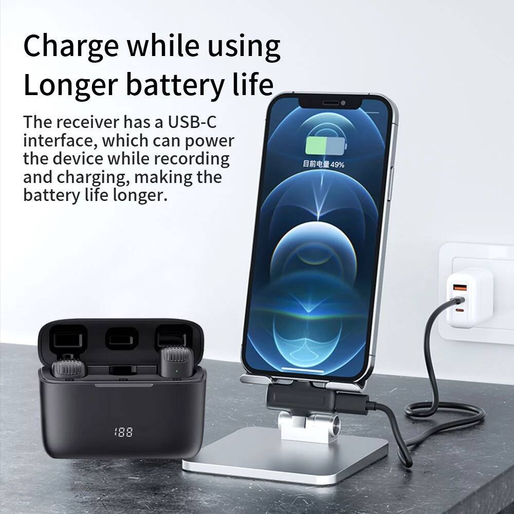 Charge while using  
Longer battery life  

The receiver has a USB-C interface, which can power the device while recording and charging, making the battery life longer.  

49%