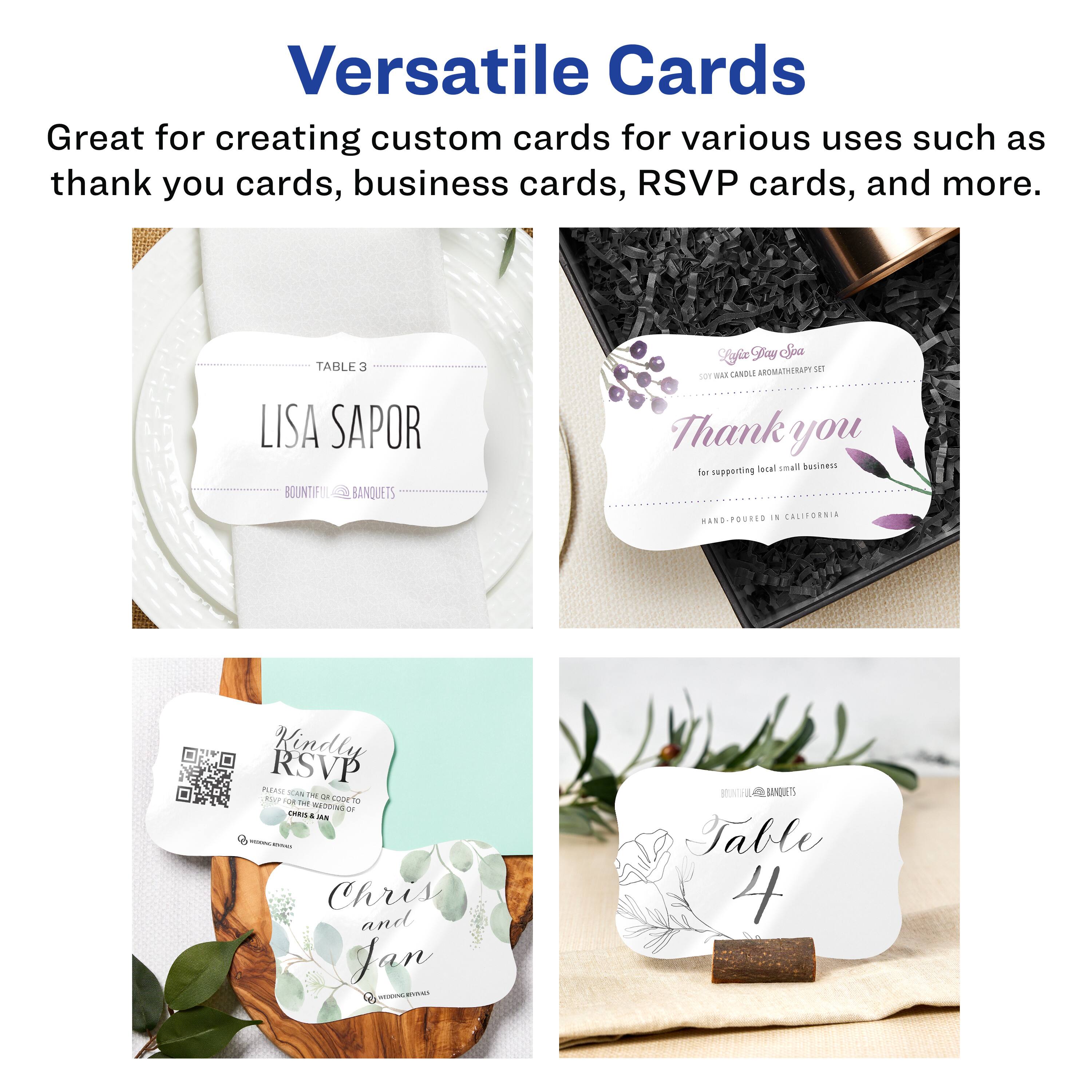 Versatile Cards

Great for creating custom cards for various uses such as thank you cards, business cards, RSVP cards, and more.

- TABLE 3
  LISA SAPOR
  BOUNTIFUL BANQUETS

- Thank you
  for supporting local small business
  HAND-POURED IN CALIFORNIA

- Kindly RSVP
  PLEASE SCAN THE QR CODE TO
  CONFIRM YOUR ATTENDANCE
  CHRIS AND JAN

- Table 4
  CHRIS and JAN