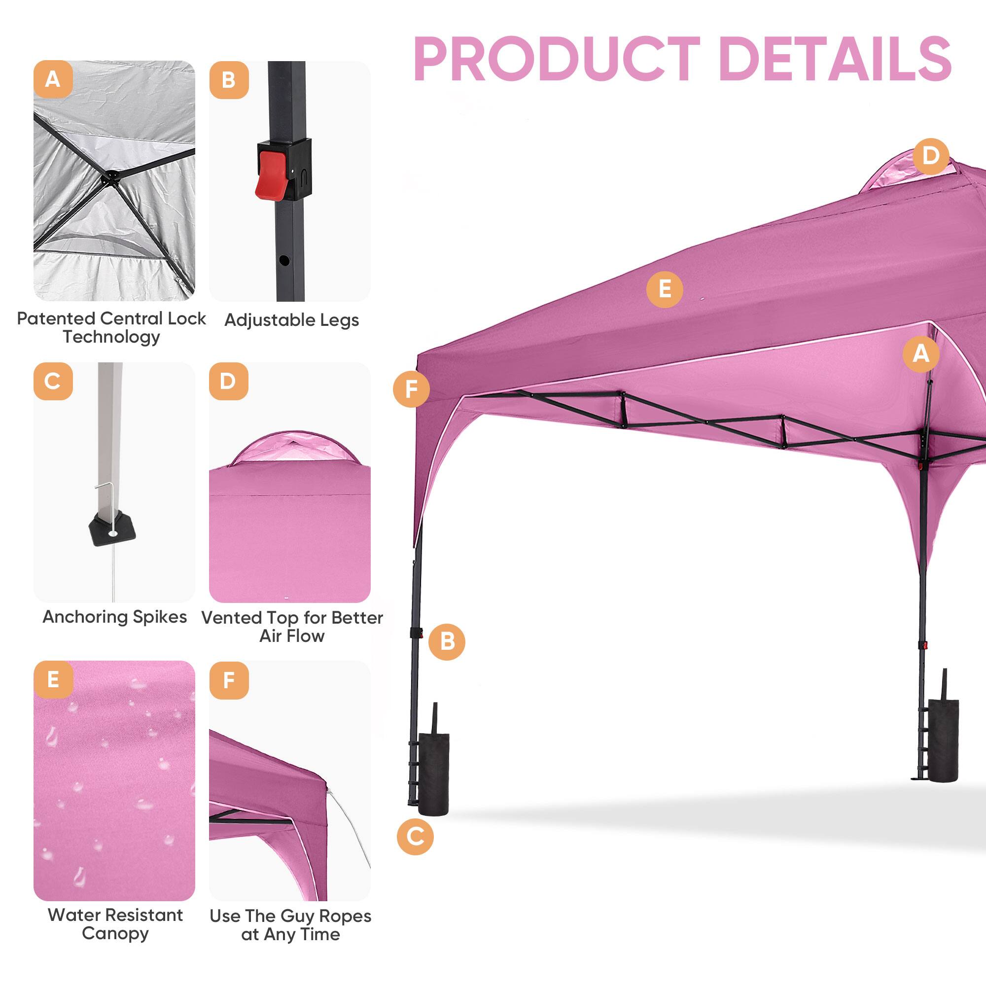 PRODUCT DETAILS

A. Patented Central Lock Technology  
B. Adjustable Legs  
C. Anchoring Spikes  
D. Vented Top for Better Air Flow  
E. Water Resistant Canopy  
F. Use The Guy Ropes at Any Time