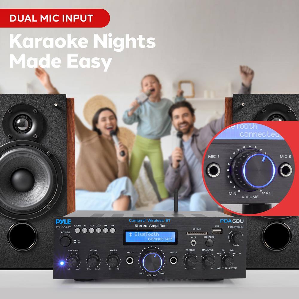 DUAL MIC INPUT  
Karaoke Nights Made Easy  

PYLE  
PyleUSA.com  

Compact Wireless HT Stereo Amplifier  
Bluetooth connected  

MIC 1  
MIN  
VOLUME  
MAX  

MIC 2  
MIN  
VOLUME  
MAX  

MODE  
H1 H2 H3  
CD  
FM  

POWER  

MIC/VOL  
ECHO  
BASS  
MIC 1  
MIC 2  
TREBLE  
BALANCE  

INPUT SELECTOR  

AUX  
REMOTE  
USB  
Folder/Track  
PUSH  
DVD  
AUX  
CD  
PUSH/SET  

Bluetooth connected  

Wireless BT Amplifier  

PDA 6BU