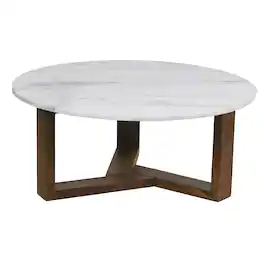 Manhattan Lane - Fina 38 Inch Round Coffee Table, White Genuine Marble Top, Natural Brown Mango Wood 3 Leg Sled Base - White, Natural Brown