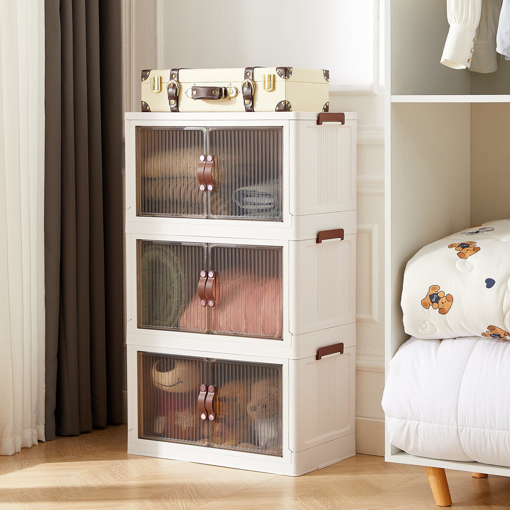 Vecelo - 20 Gal Stackable Storage Bins with Lid, 3 Pack Plastic Collapsible Storage Cabinet,Storage Container Cart - White