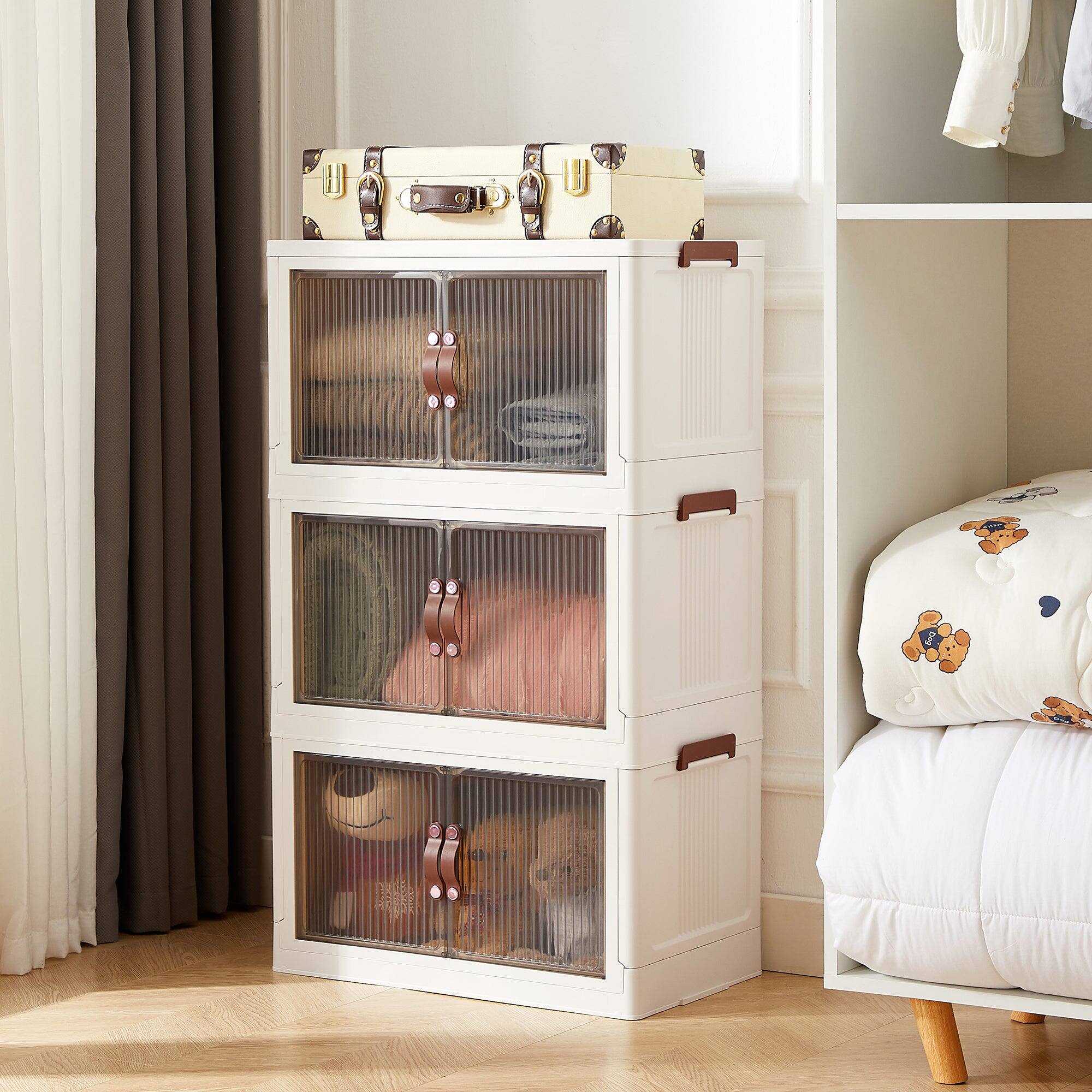 Front. Vecelo - 20 Gal Stackable Storage Bins with Lid, 3 Pack Plastic Collapsible Storage Cabinet,Storage Container Cart - White.