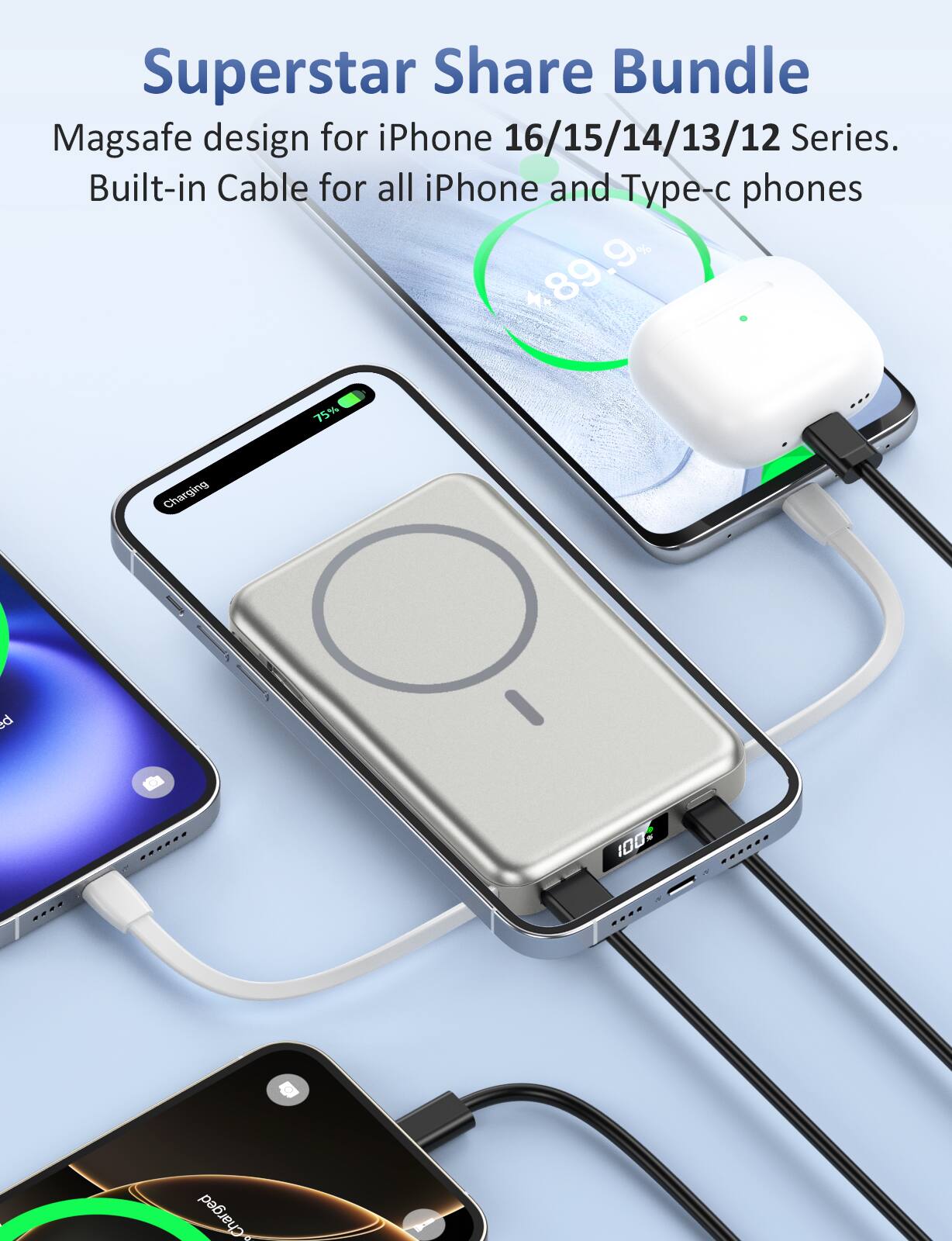 Superstar Share Bundle  
Magsafe design for iPhone 16/15/14/13/12 Series.  
Built-in Cable for all iPhone and Type-c phones