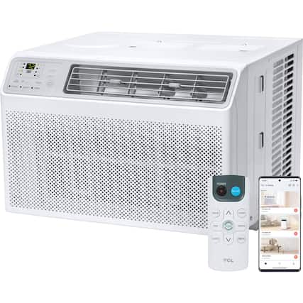 The image features a white air conditioner with a remote control placed next to it. The remote control is white and has a blue button. The air conditioner is accompanied by a smartphone displaying a picture of the same air conditioner. The remote control is likely used to operate the air conditioner, and the smartphone serves as a reference or guide for the user.