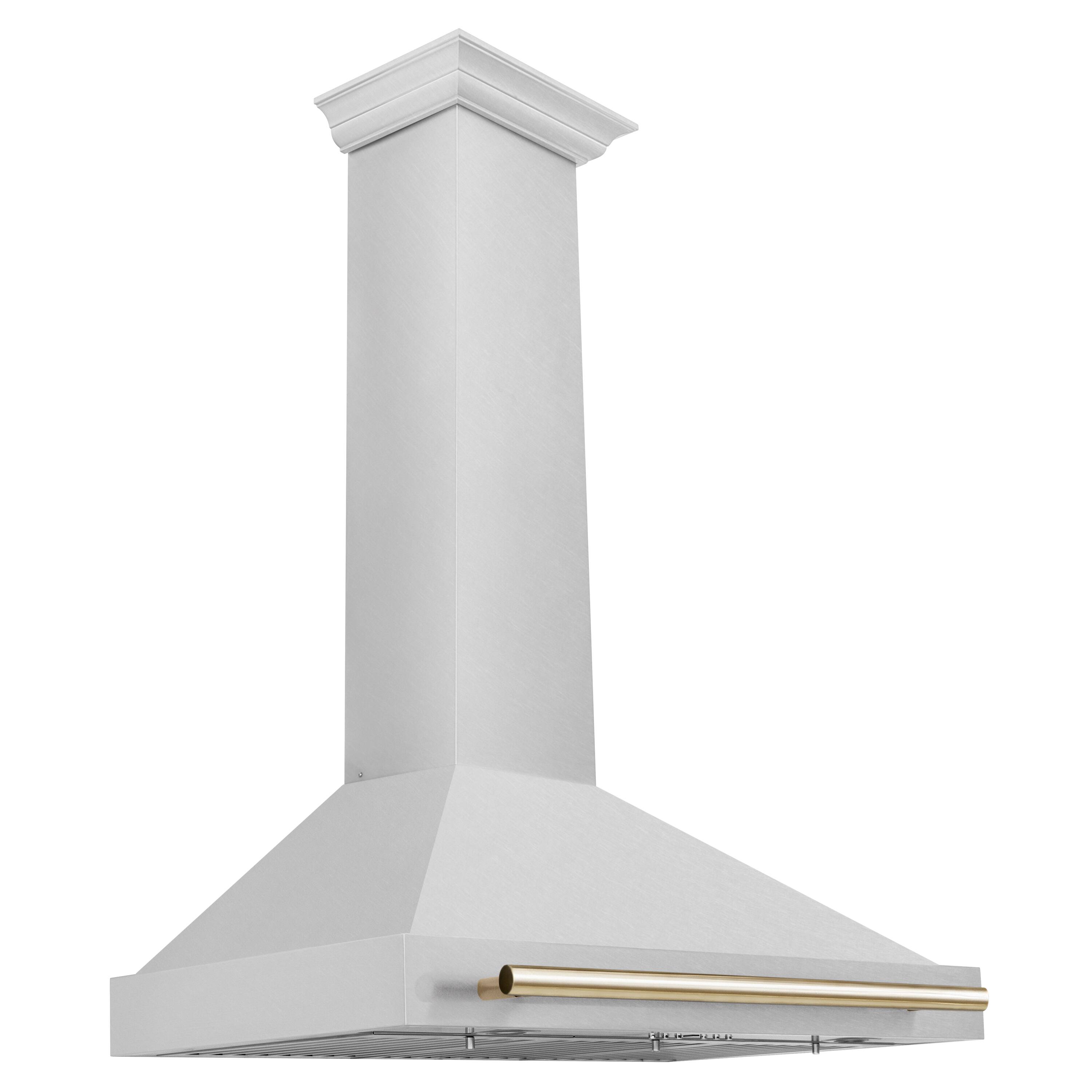 Left. ZLINE - ZLINE Autograph Edition 36 in. Convertible Satin Stainless Steel Wall Mount Range Hood with Polished Gold Handle - Stainless steel.