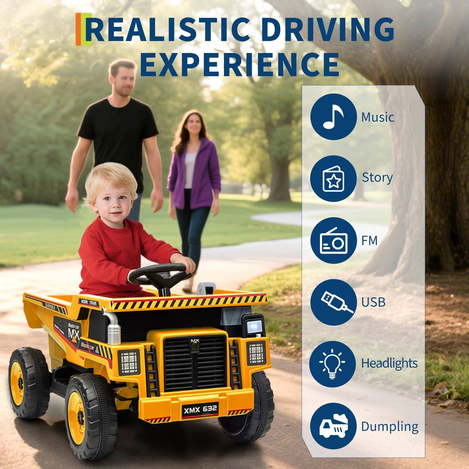 REALISTIC DRIVING EXPERIENCE

- Music
- Story
- FM
- USB
- Headlights
- Dumpling

XMX 632