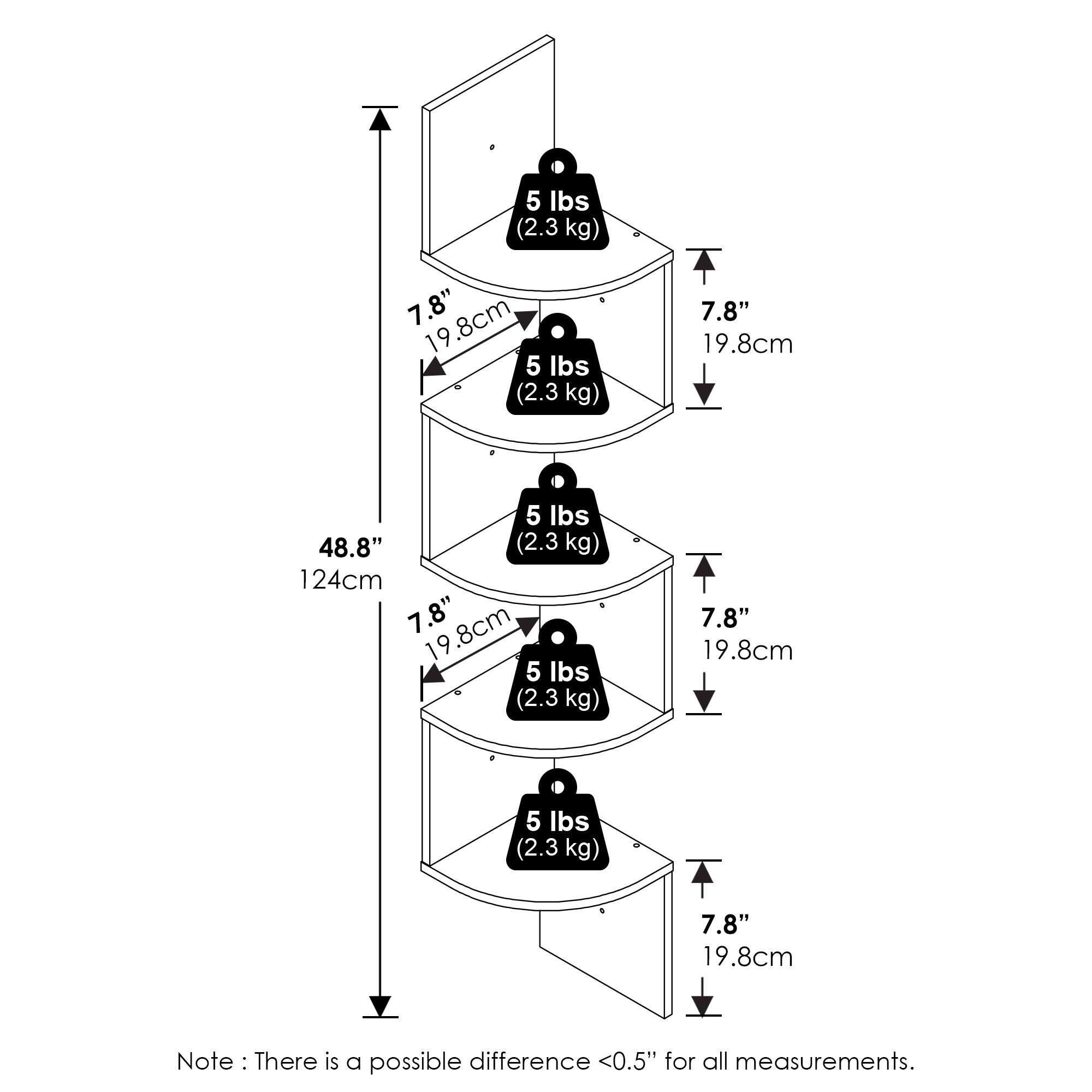 5 lbs (2.3 kg)  
7.8" (19.8 cm)  
48.8" (124 cm)  

Note: There is a possible difference <0.5" for all measurements.