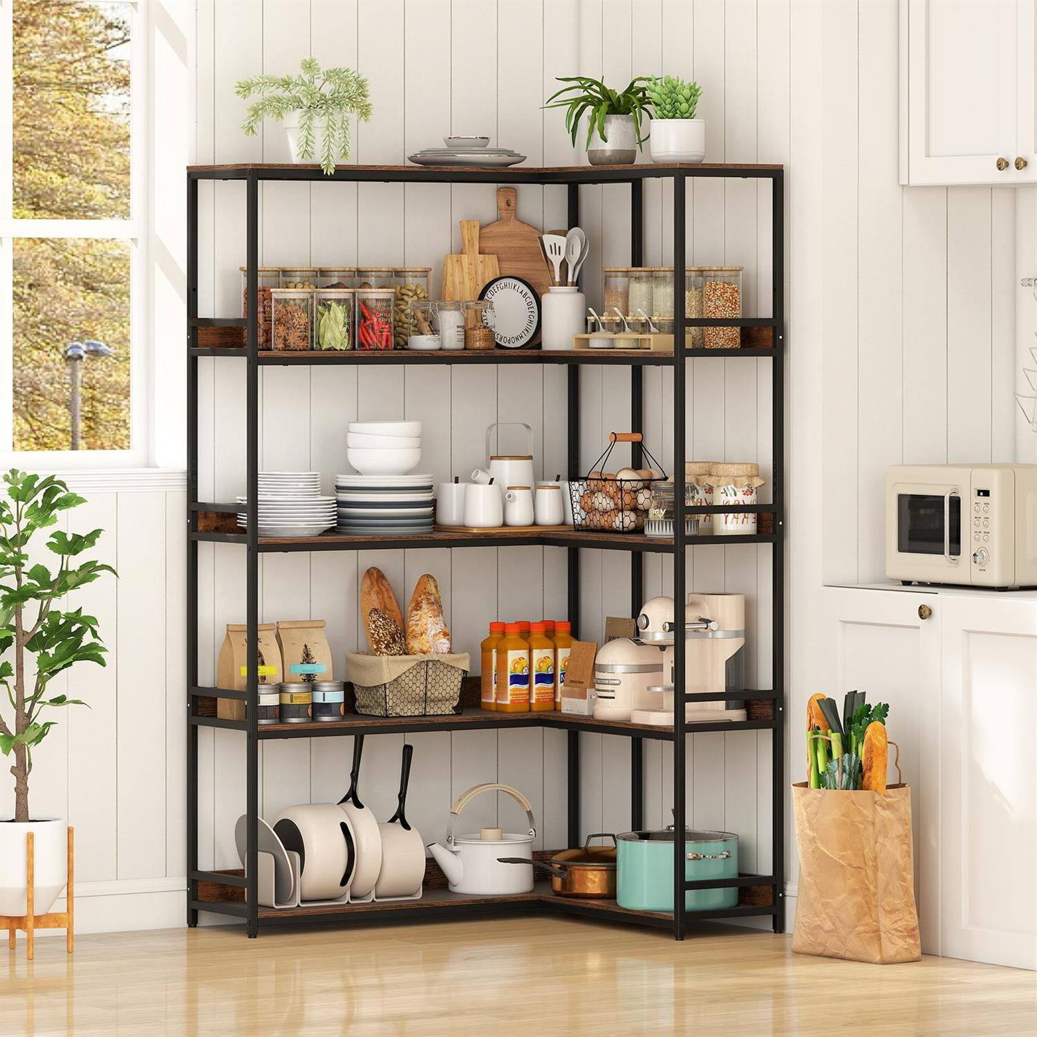Angle. Pefilos - 5-Tier L-Shaped Corner Bookshelf - Metal Frame Raised Edges, Etagere Organizer, Rustic Brown - Brown.