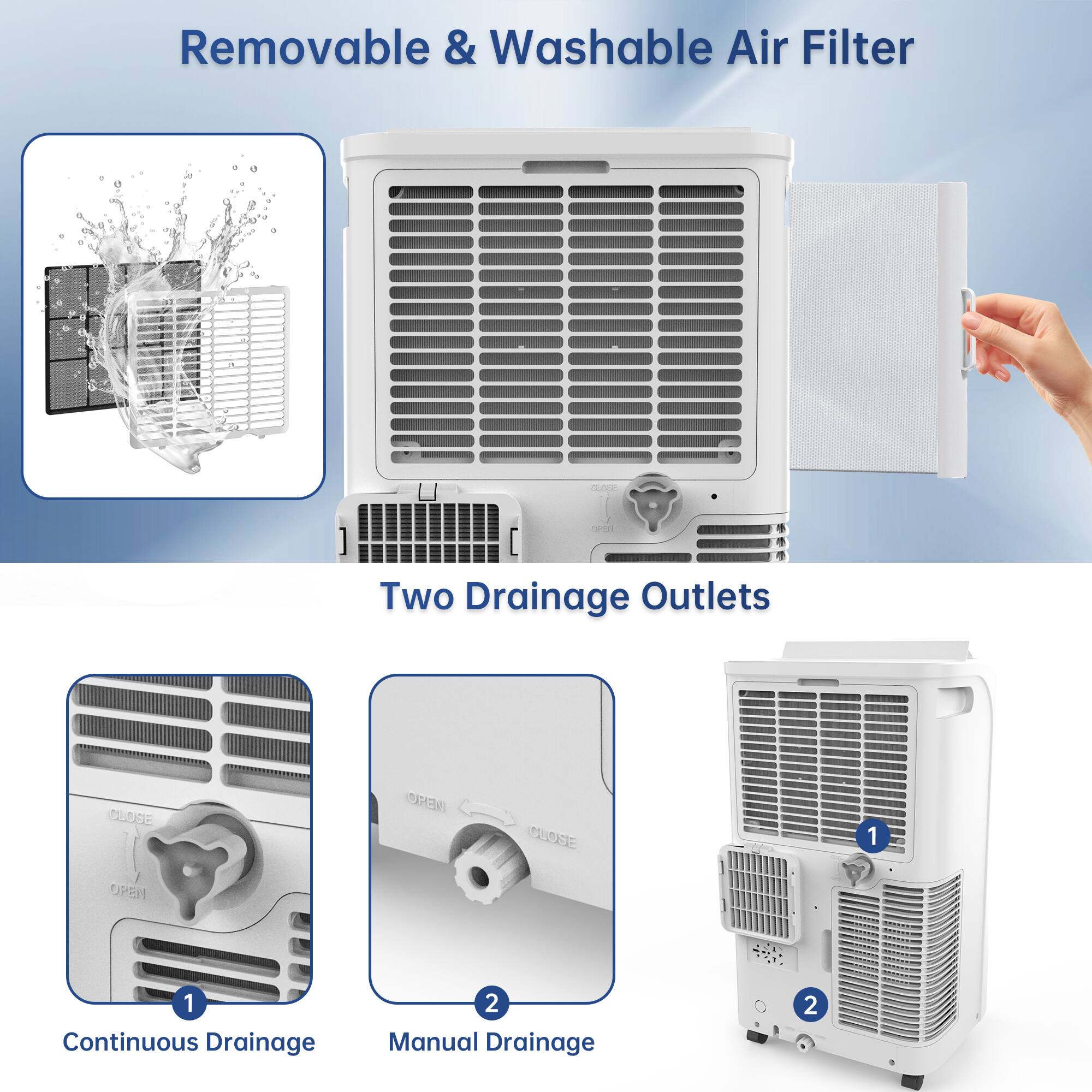 Removable & Washable Air Filter

Two Drainage Outlets

1. Continuous Drainage
2. Manual Drainage