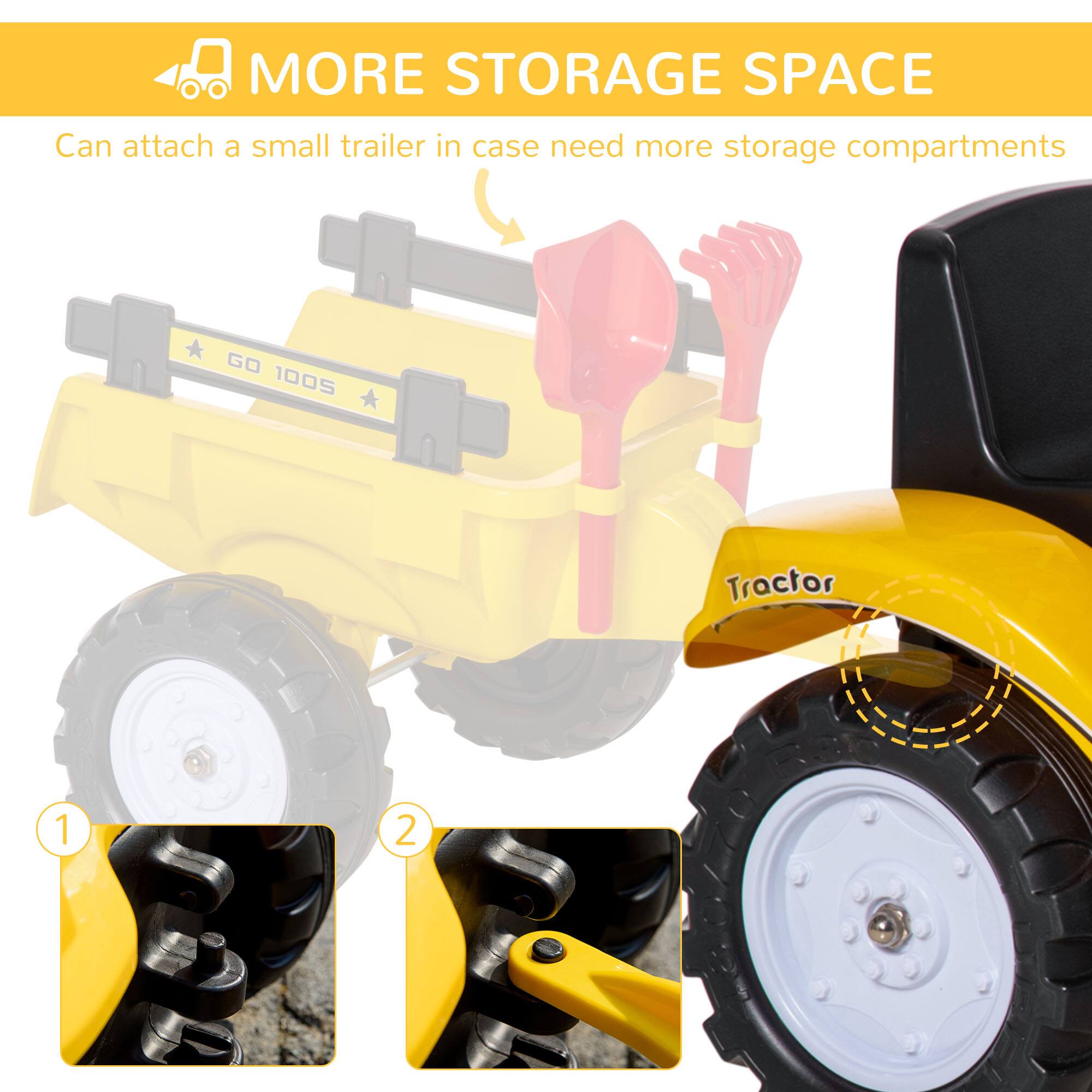 MORE STORAGE SPACE  
Can attach a small trailer in case need more storage compartments  

GO 1005  
Tractor  

1  
2