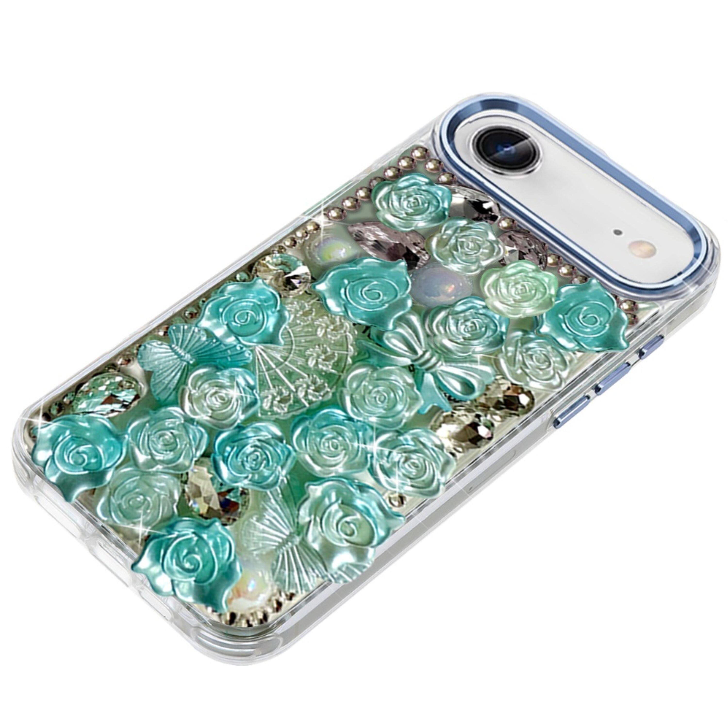 Left. Kitcheniva - Elegant Floral Rhinestone Cover With Tempered Glass For iPhone Air Blue - Blue.