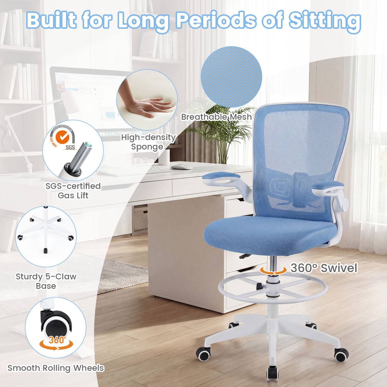 Built for Long Periods of Sitting

- Breathable Mesh
- High-density Sponge
- SGS-certified Gas Lift
- Sturdy 5-Claw Base
- 360° Swivel
- Smooth Rolling Wheels
