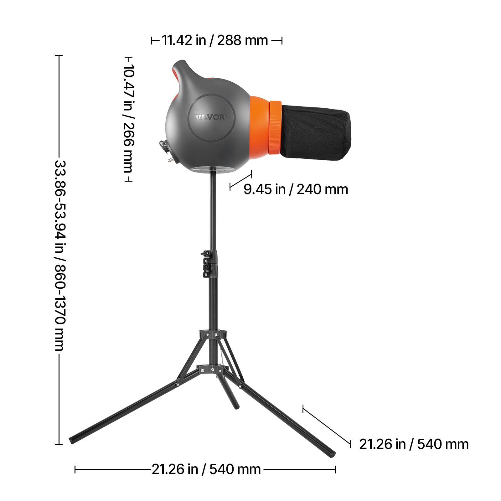 33.86-53.94 in / 860-1370 mm  
10.47 in / 266 mm  
11.42 in / 288 mm  
9.45 in / 240 mm  
21.26 in / 540 mm