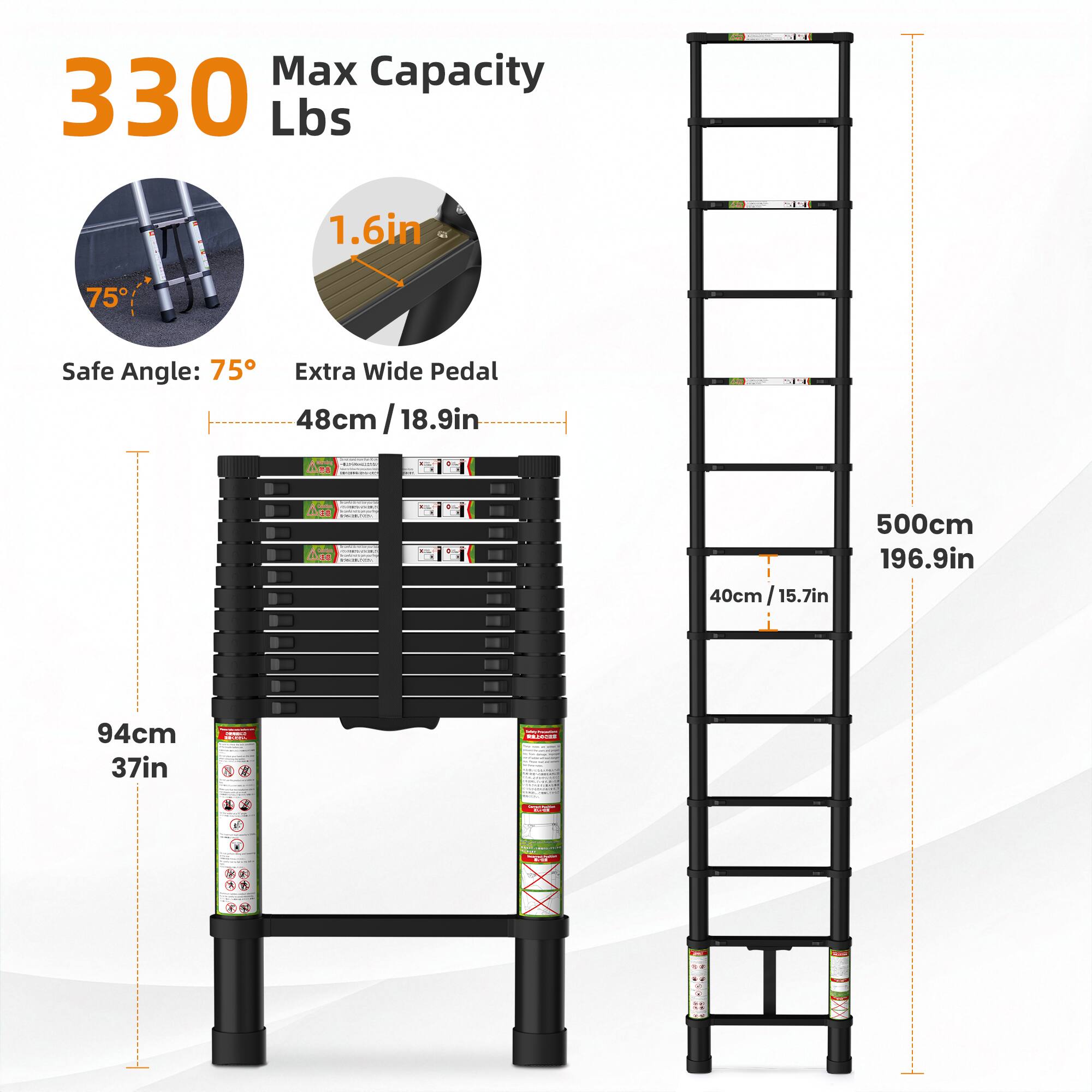 Max Capacity: 330 Lbs  
1.6in  
Safe Angle: 75°  
Extra Wide Pedal: 48cm / 18.9in  
Width: 40cm / 15.7in  
Height: 500cm / 196.9in  
Depth: 94cm / 37in