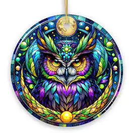 OrnamentallyYou - Nocturnal Enchanter Mysterious Owl Stained Glass Style Ceramic Ornament Halloween Themed Christmas - Multi-colored