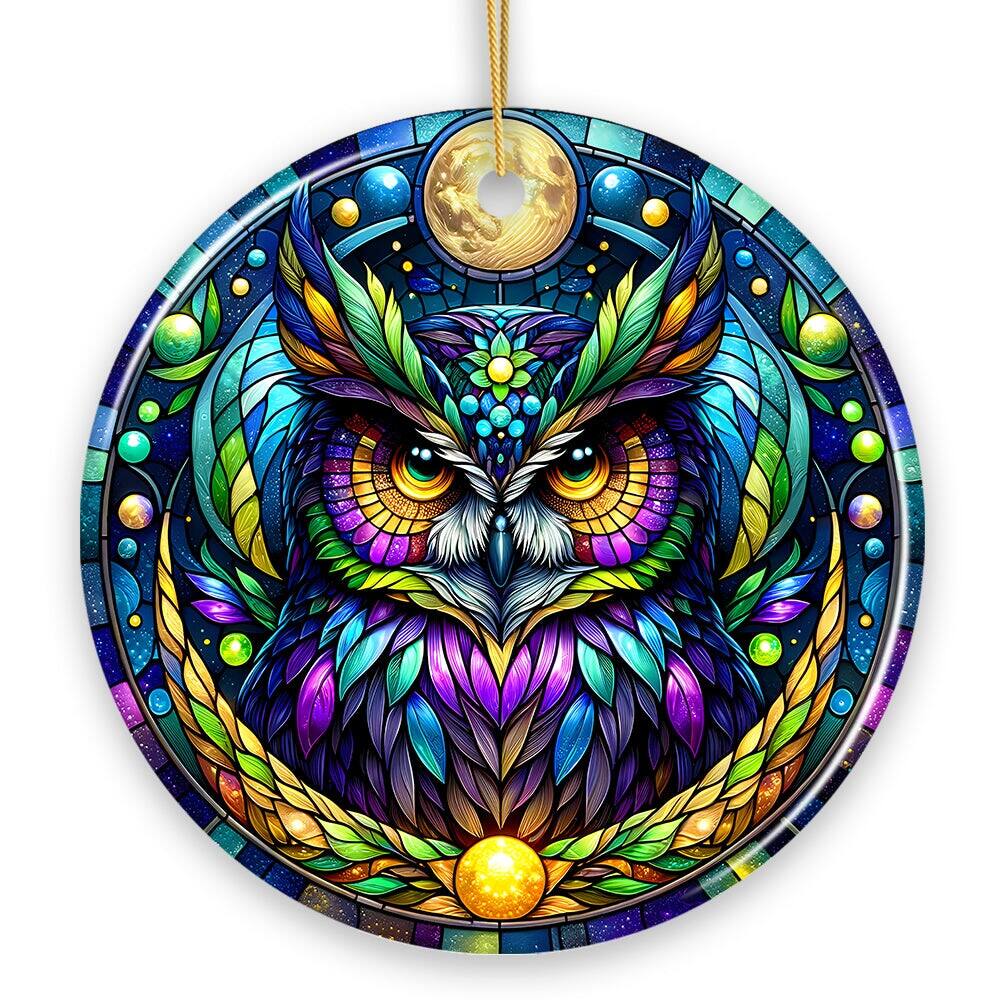 Front. OrnamentallyYou - Nocturnal Enchanter Mysterious Owl Stained Glass Style Ceramic Ornament Halloween Themed Christmas - Multi-colored.