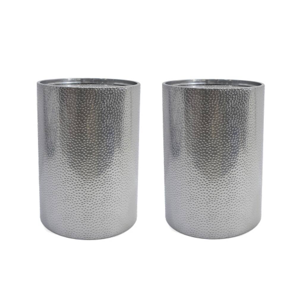 Back. Loheer - Loheer Modern Silver Hammered Metal Side Table Set of 2 Cylindrical Iron Accent End Tables No Assembly Required - Silver.