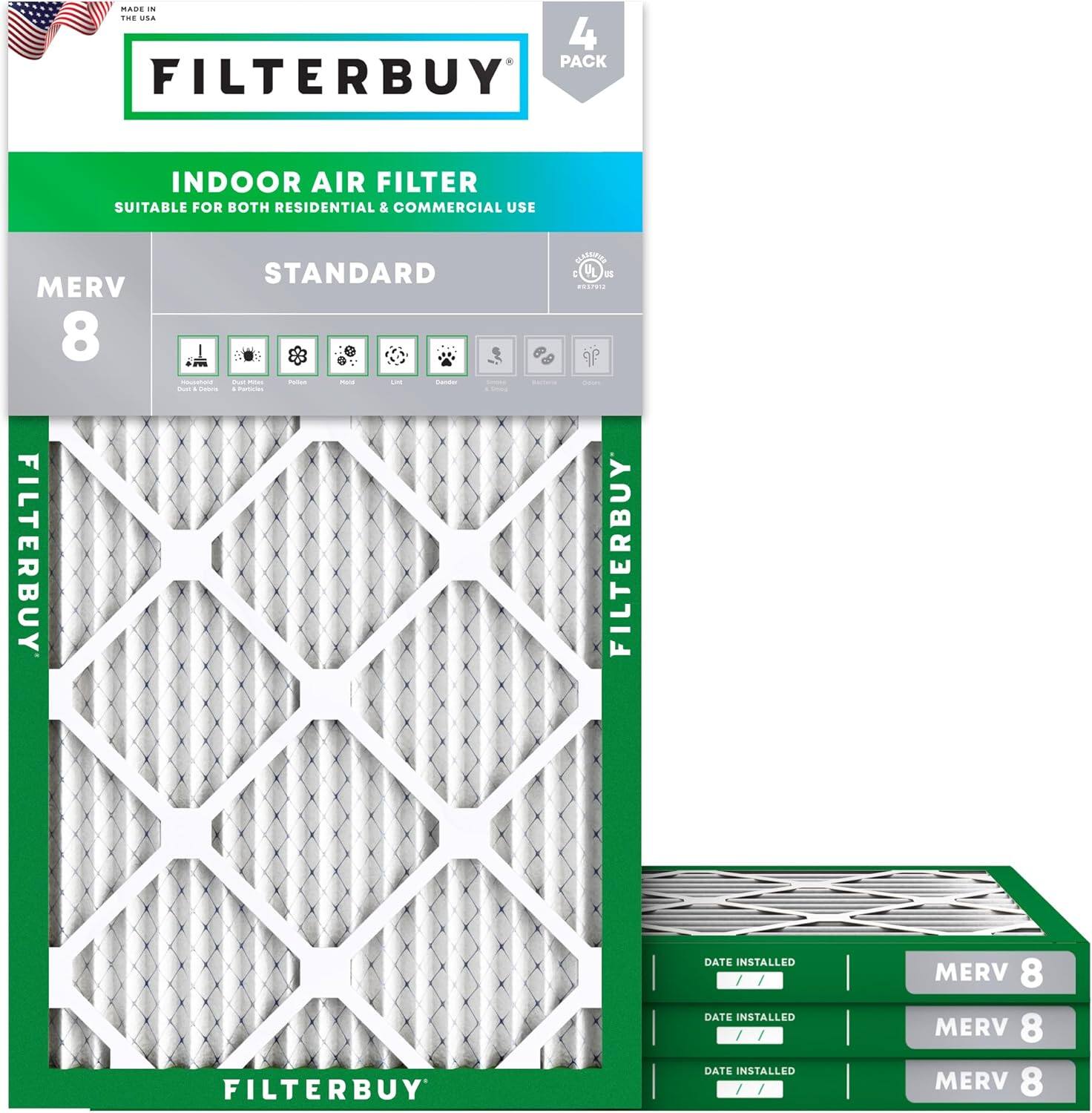 Filterbuy - 13x21x1 MERV 8 Dust & Allergy Defense, Electrostatic Pleated HVAC AC Furnace Air Filters Replacement (4-Pack) - Silver