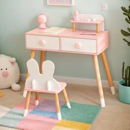 Kadyn - Kids Vanity Table and Chair Set with Drawer Shelf and Rabbit Mirror- Kids Makeup Vanity for Girls Kids - White
