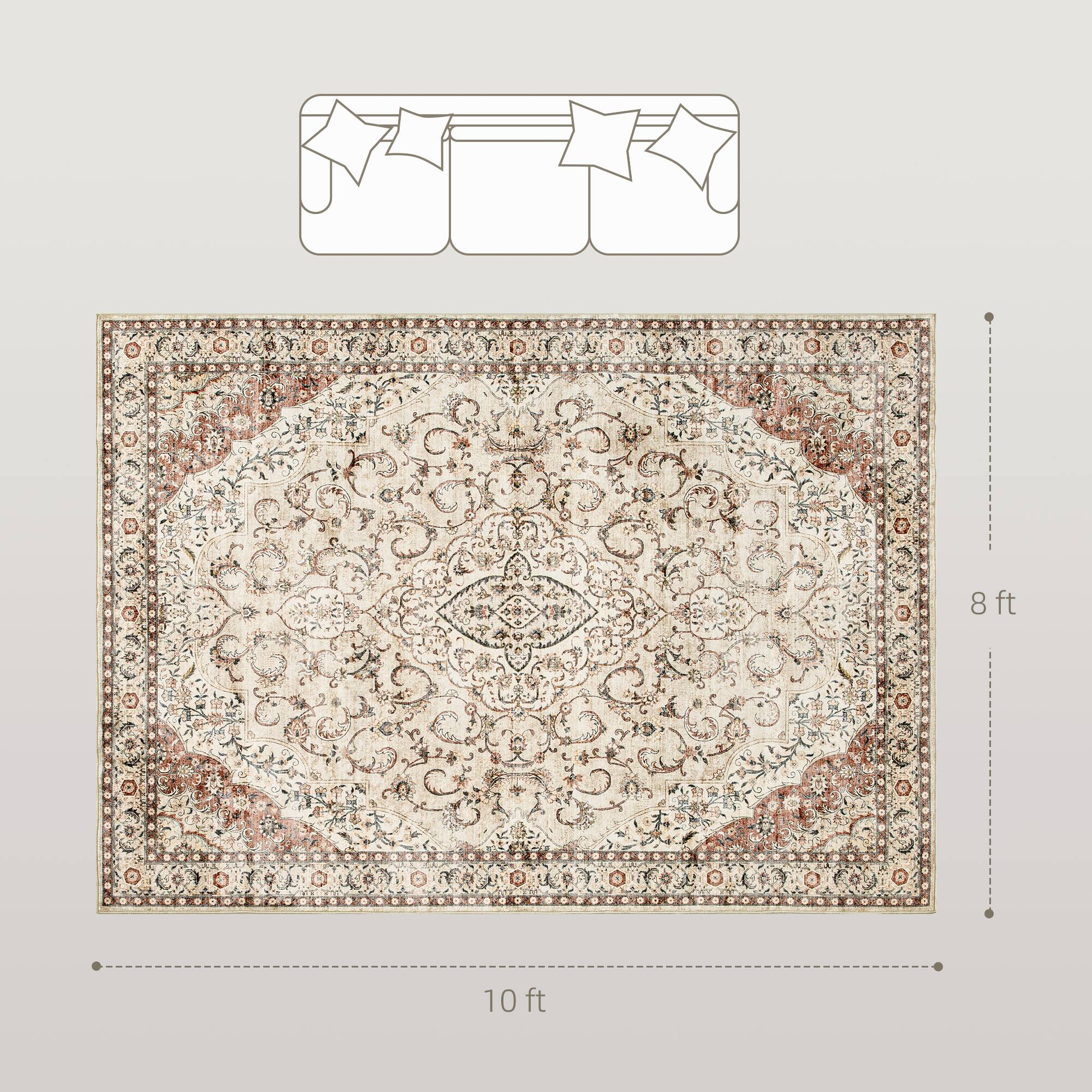Alt View 2. Homcom - Area Rug 8x10, Machine Washable Non-Slip Classical Floral Print, Mixed-Brown - Mixed Brown.