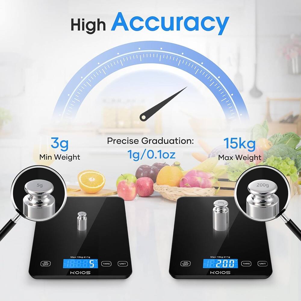 High Accuracy

3g Min Weight

Precise Graduation: 1g/0.1oz

15kg Max Weight

KOIOS