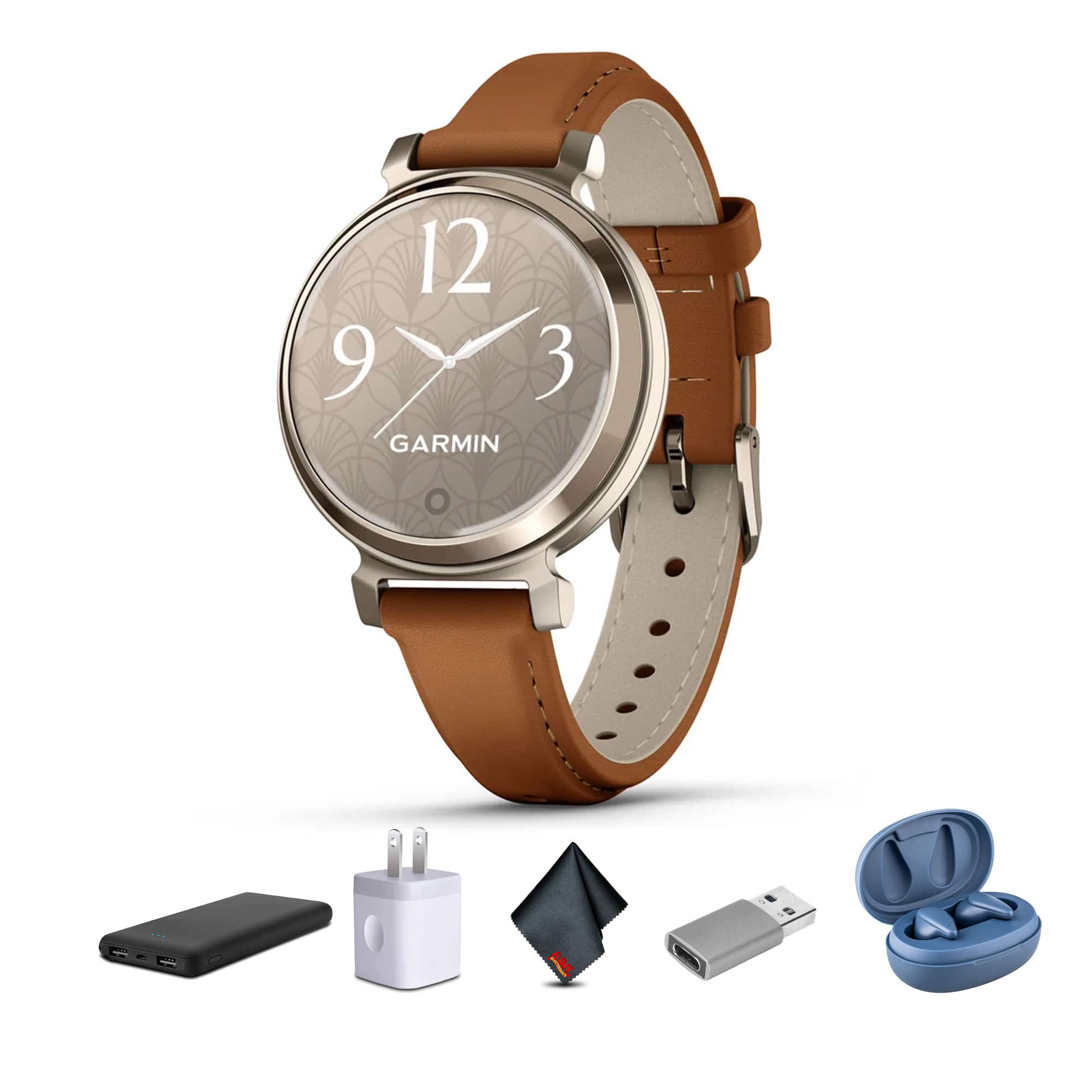 Garmin - Lily 2 Classic, Small and Stylish Smartwatch Cream Gold with Tan Leather Band Bundle - Tan - (2025)