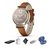 Front. Garmin - Garmin Lily 2 Classic, Small and Stylish Smartwatch Cream Gold with Tan Leather Band Bundle - Cream.