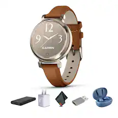 Front. Garmin - Garmin Lily 2 Classic, Small and Stylish Smartwatch Cream Gold with Tan Leather Band Bundle - Cream.