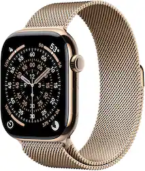 Apple Watch Series 11 (GPS+Cellular) 46mm Titanium Case with Gold Milanese Loop - S/M - Gold - (2025) - Front_Zoom