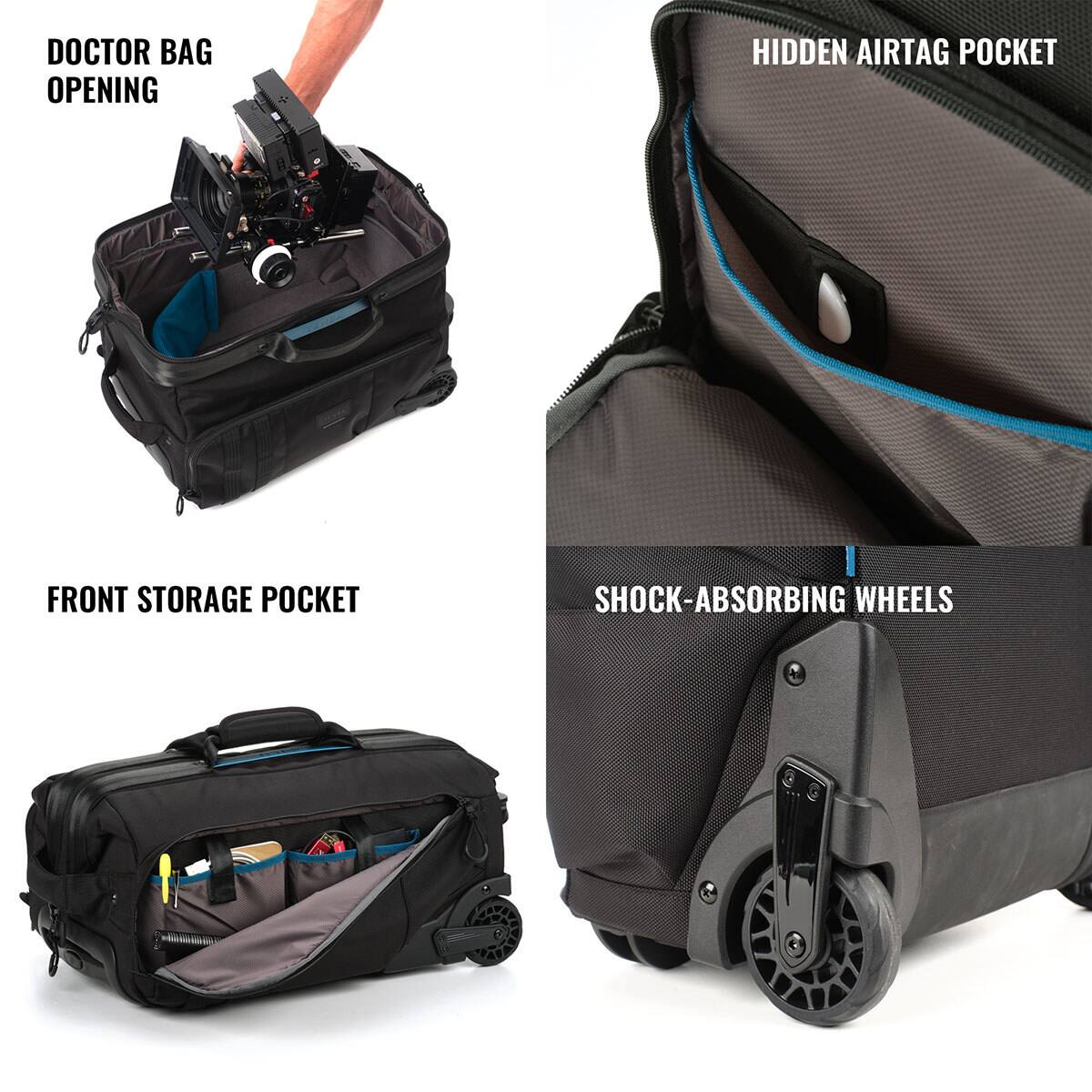 DOCTOR BAG OPENING  
HIDDEN AIRTAG POCKET  
FRONT STORAGE POCKET  
SHOCK-ABSORBING WHEELS