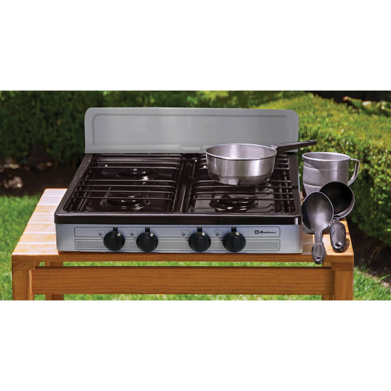 Left. Koblenz - Koblenz Outdoor 4-Burner Gas Stove Top Great for Camping and Tailgating.