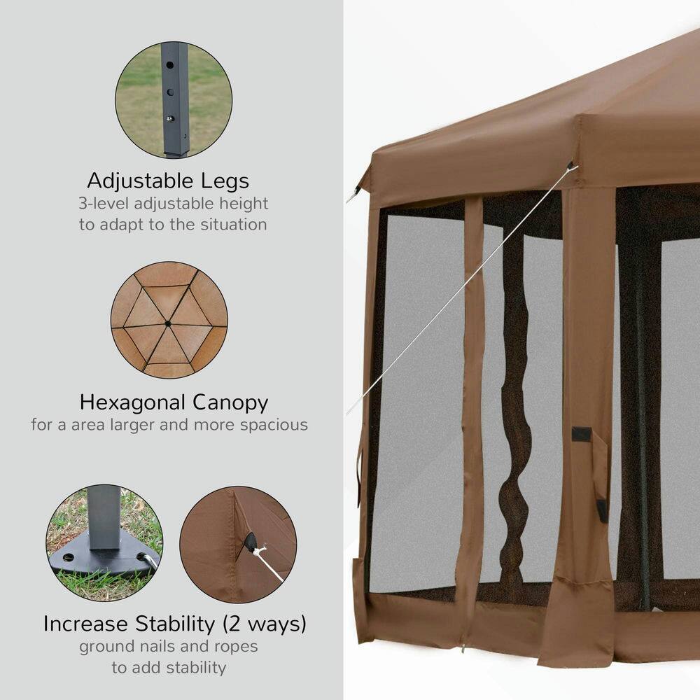 Adjustable Legs  
3-level adjustable height to adapt to the situation  

Hexagonal Canopy  
for a larger and more spacious area  

Increase Stability (2 ways)  
ground nails and ropes to add stability