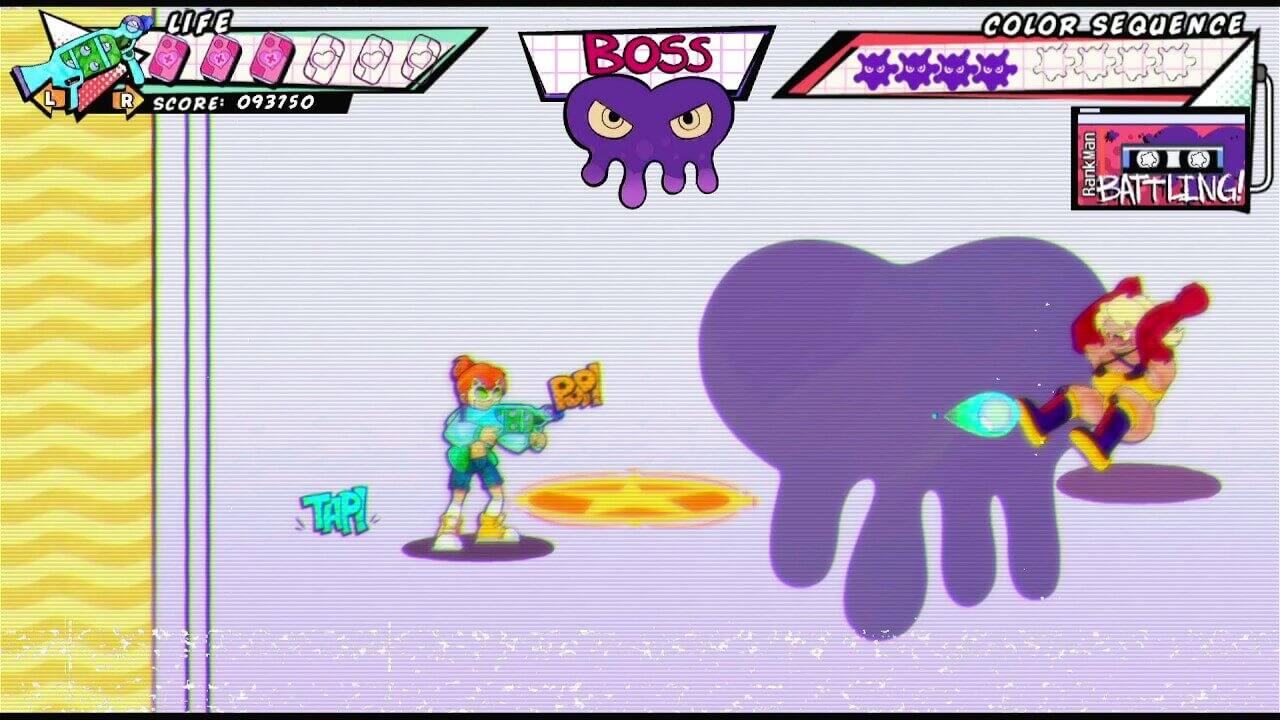 The text on the image reads: "Life + + Score: 093750 BOSS COLOR SEQUENCE RankMan BATTLING! PP TAP."