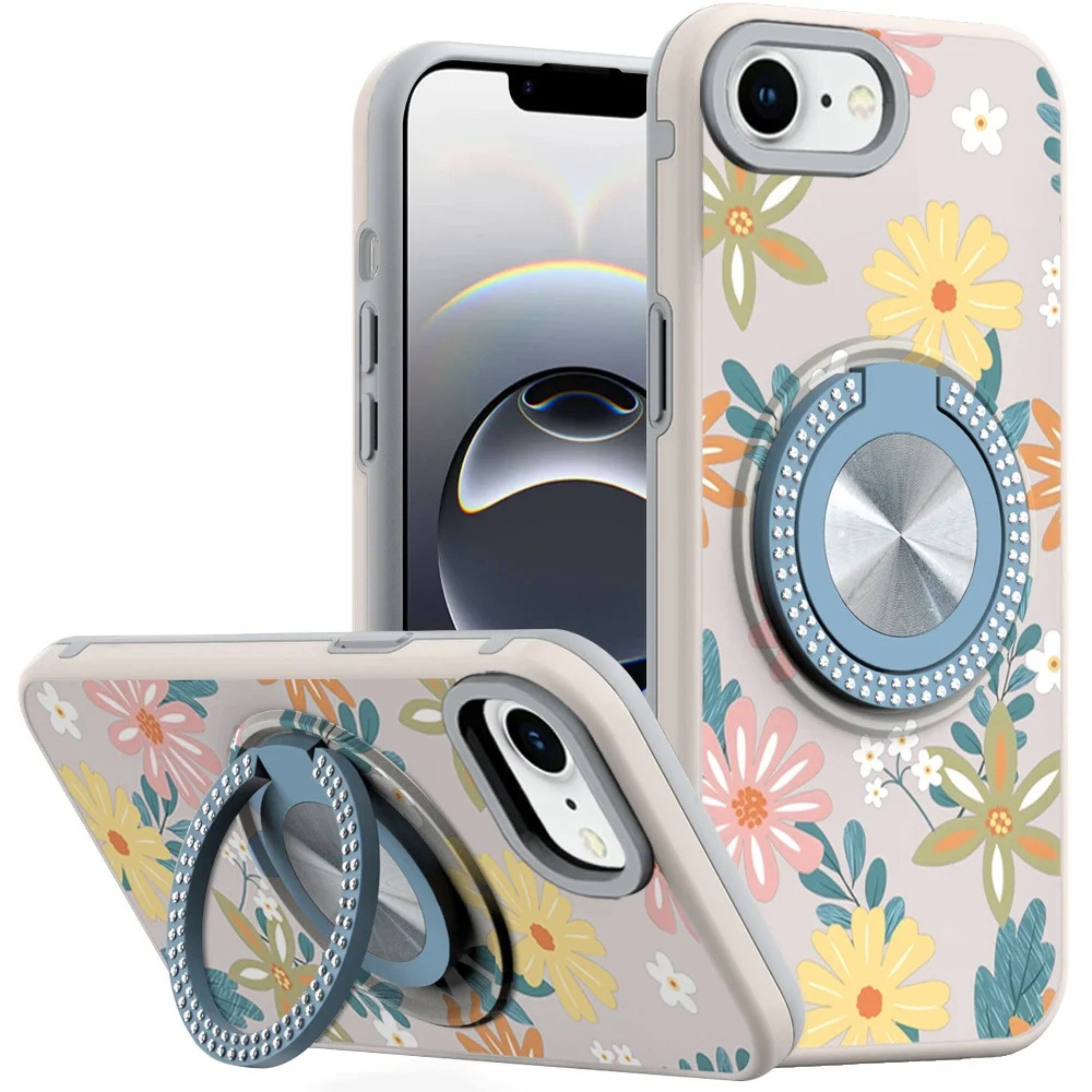 Front. Kitcheniva - Printed Bling 360 Rotating Ring Stand Phone Case With Tempered Glass For iPhone 16e 17e Floral Grey - Gray.