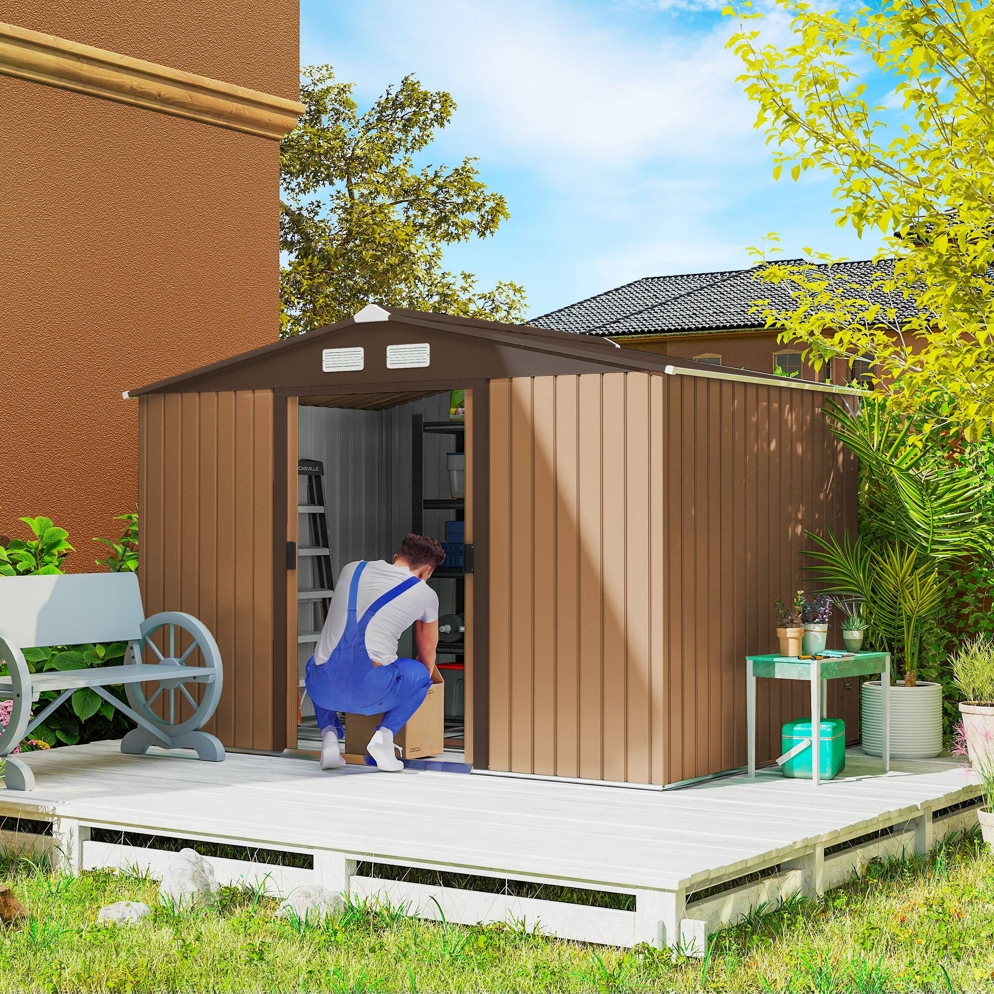 Alt View 1. Outsunny - 9' x 6' Outdoor Storage Shed, Garden Tool Metal Shed with Foundation Kit, Double Lockable Door.